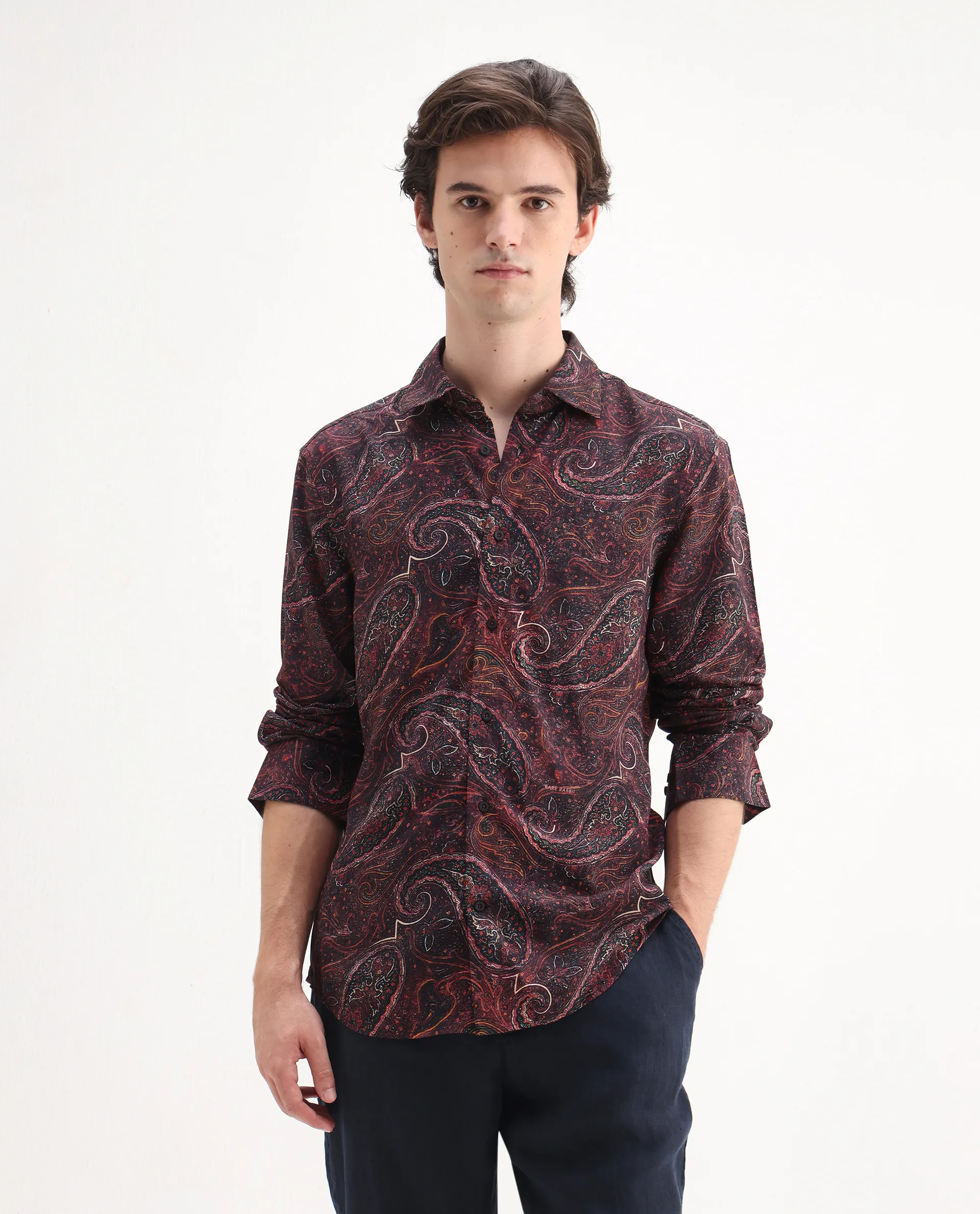 Rare Rabbit Men's Grilo Dusky Rust Viscose Paisley Print Regular Fit Full Sleeve Collared Shirt - Image 4