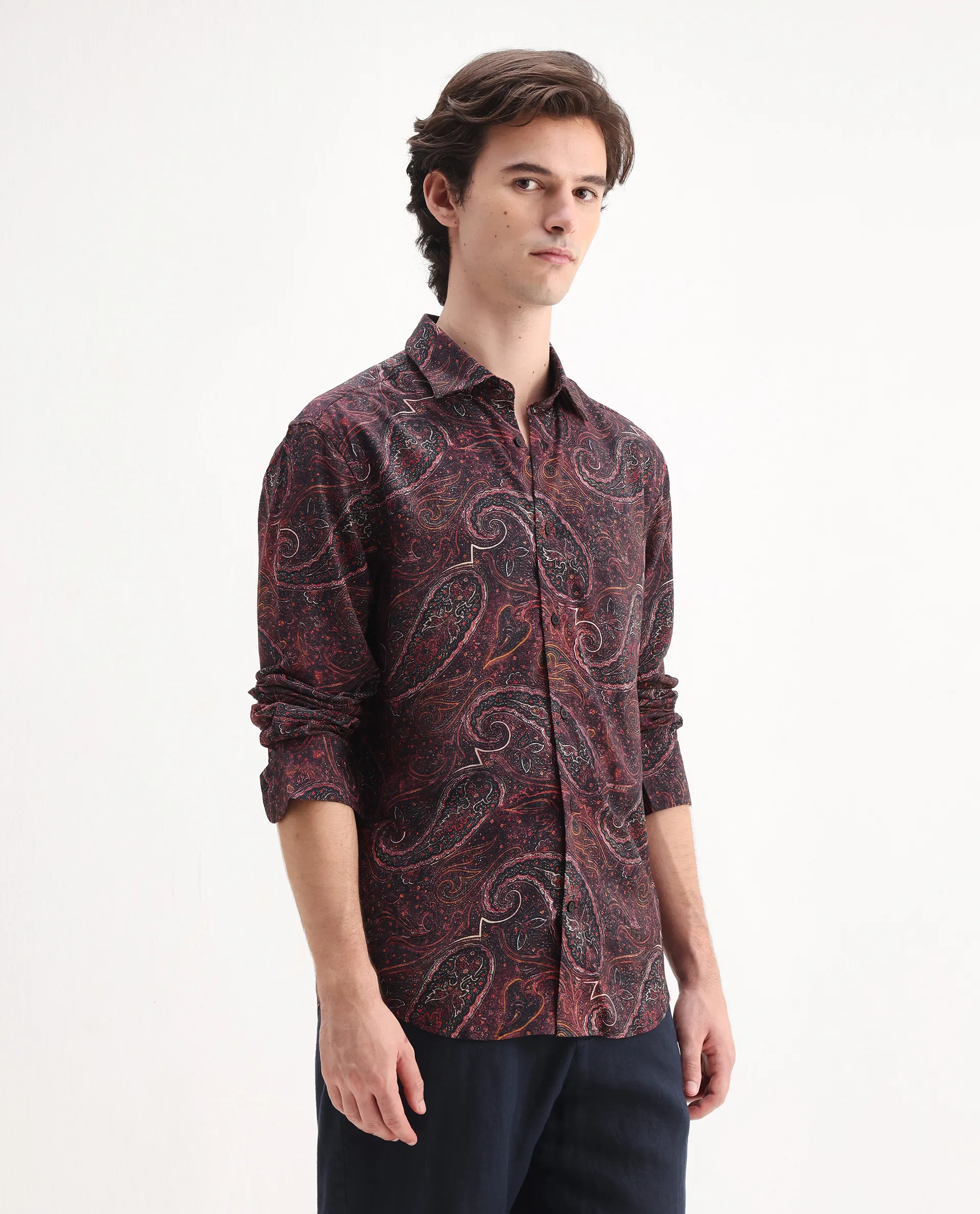 Rare Rabbit Men's Grilo Dusky Rust Viscose Paisley Print Regular Fit Full Sleeve Collared Shirt - Image 6