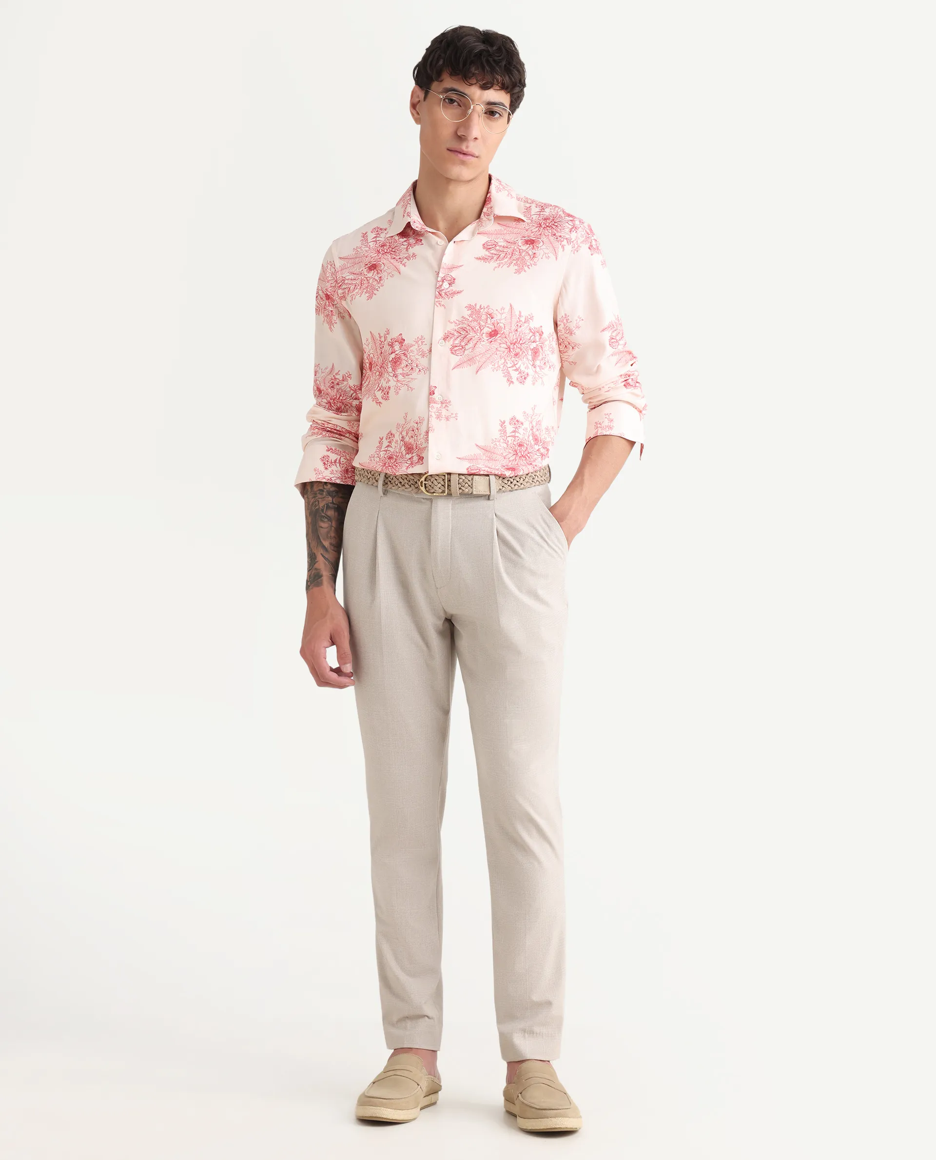 Rare Rabbit Men's Grim-25 Peach Viscose Floral Print Regular Fit Full Sleeve Collared Shirt - Image 2