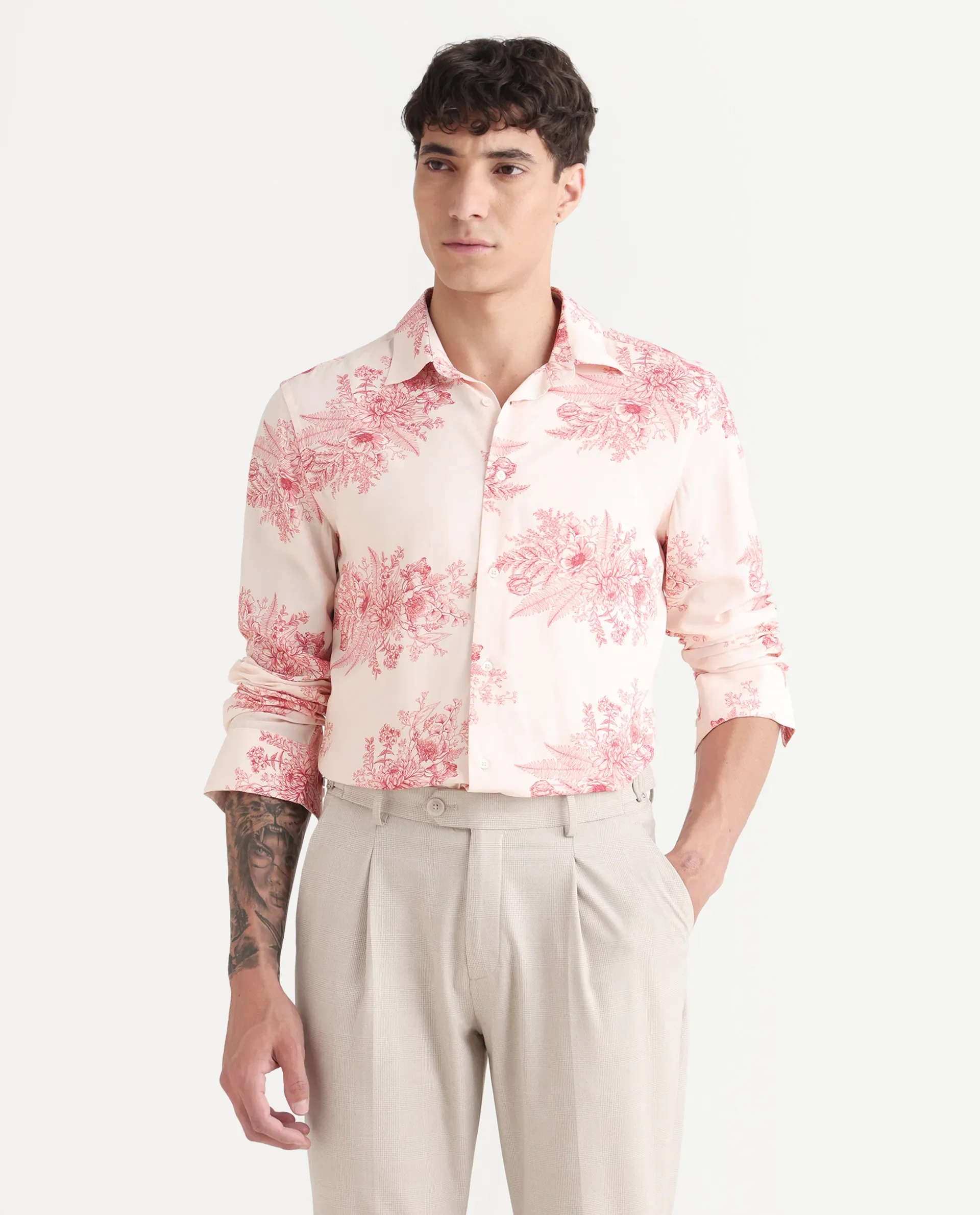 Rare Rabbit Men's Grim-25 Peach Viscose Floral Print Regular Fit Full Sleeve Collared Shirt - Image 4