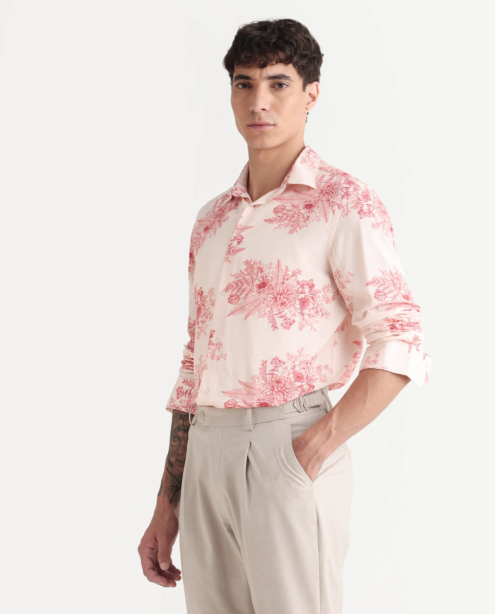 Rare Rabbit Men's Grim-25 Peach Viscose Floral Print Regular Fit Full Sleeve Collared Shirt - Image 5