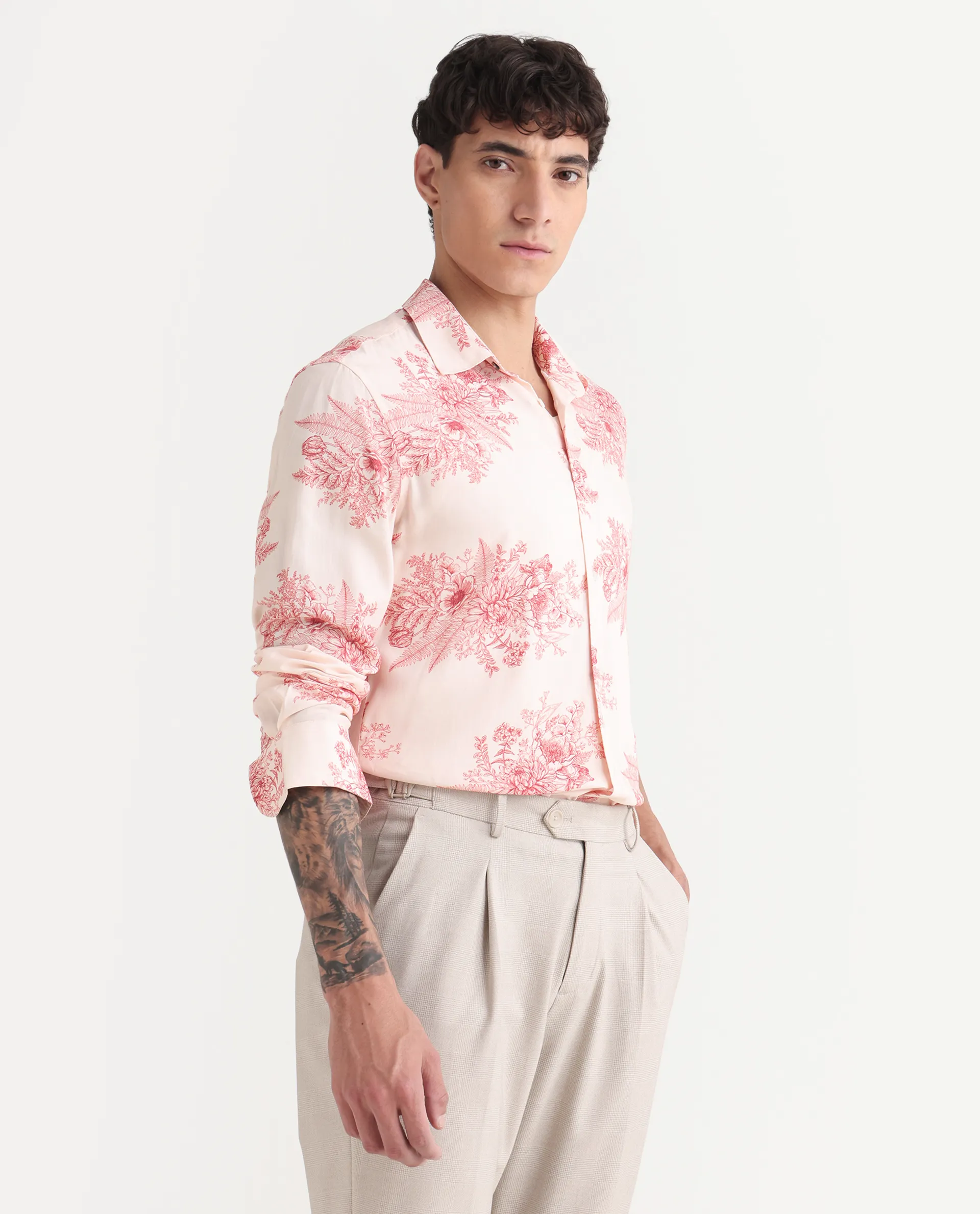 Rare Rabbit Men's Grim-25 Peach Viscose Floral Print Regular Fit Full Sleeve Collared Shirt - Image 6