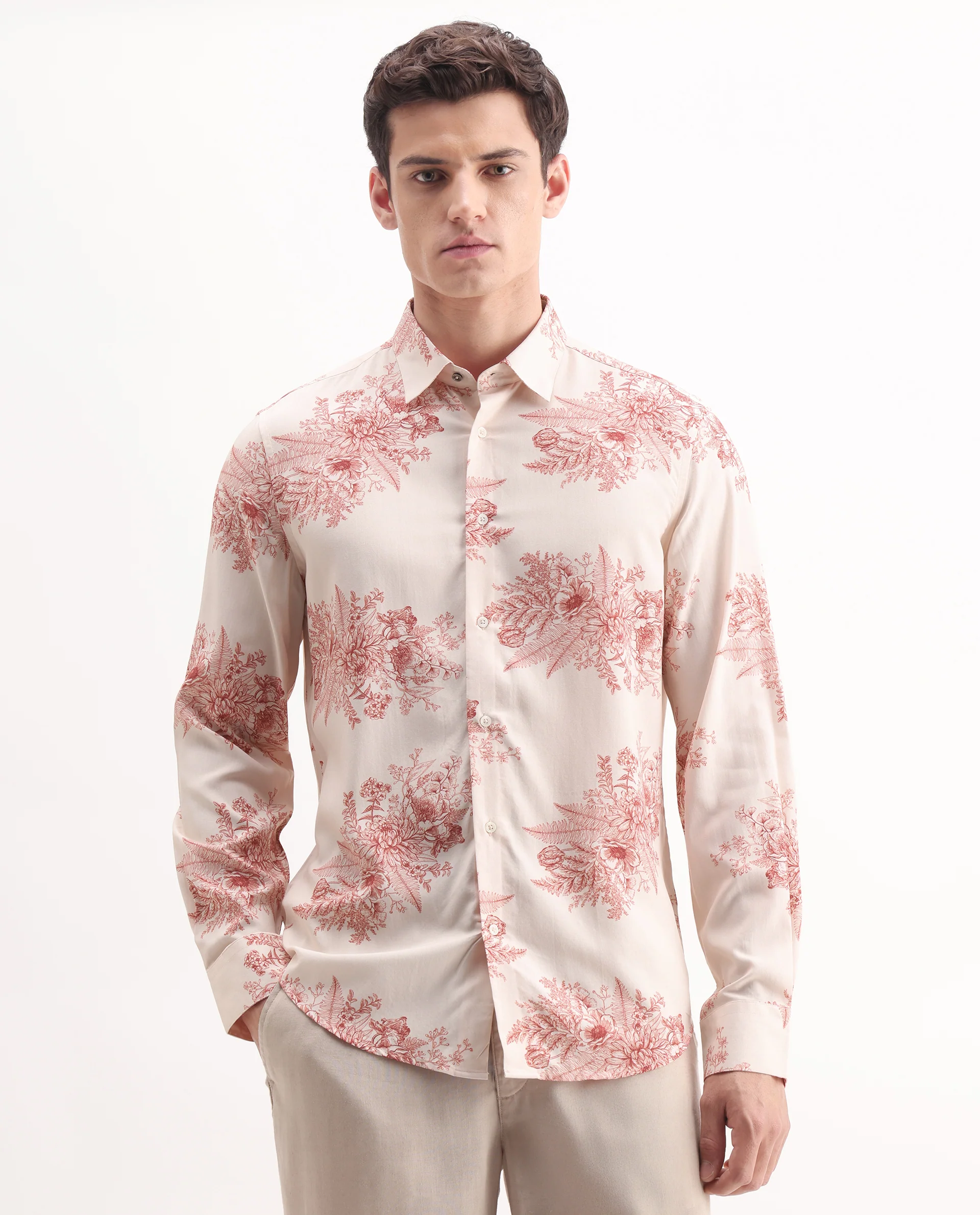 Rare Rabbit Men's Grim Peach Viscose Floral Print Regular Fit Full Sleeve Collared Shirt - Image 3