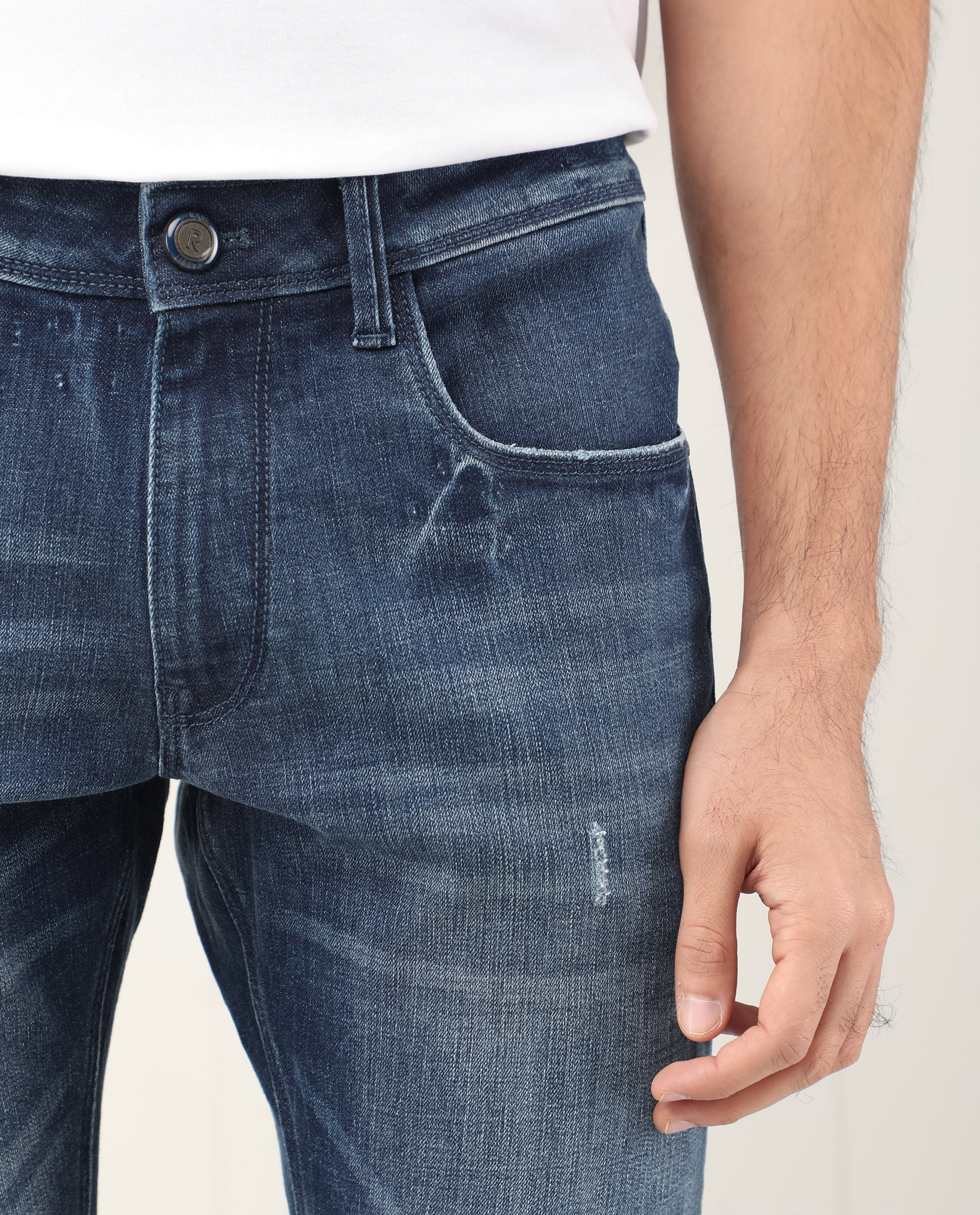 Rare Rabbit Men's Grimm Blue Cotton Plain Hawk Slim Fit Jeans - Image 4