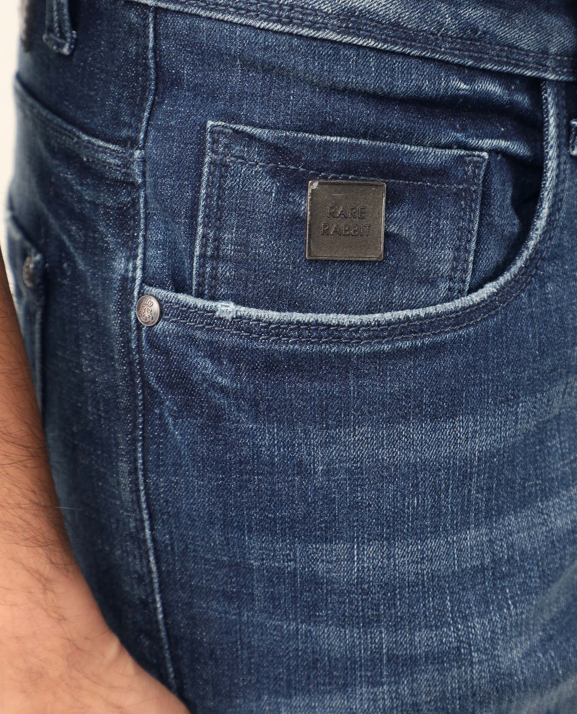 Rare Rabbit Men's Grimm Blue Cotton Plain Hawk Slim Fit Jeans - Image 5
