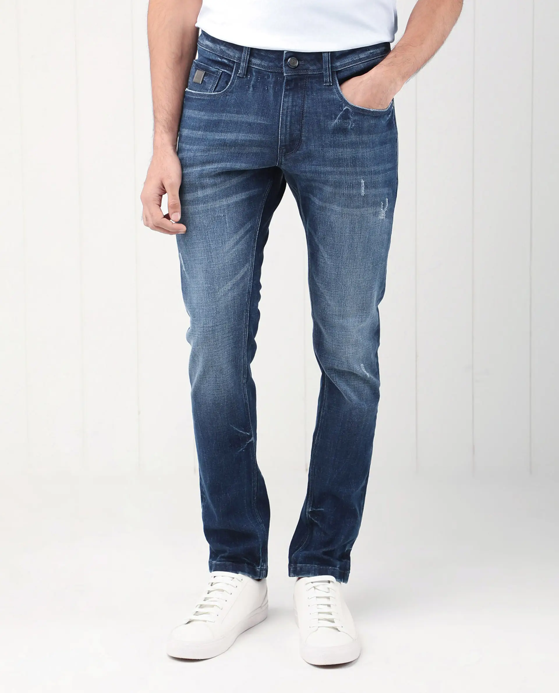 Rare Rabbit Men's Grimm Blue Cotton Plain Hawk Slim Fit Jeans - Image 7