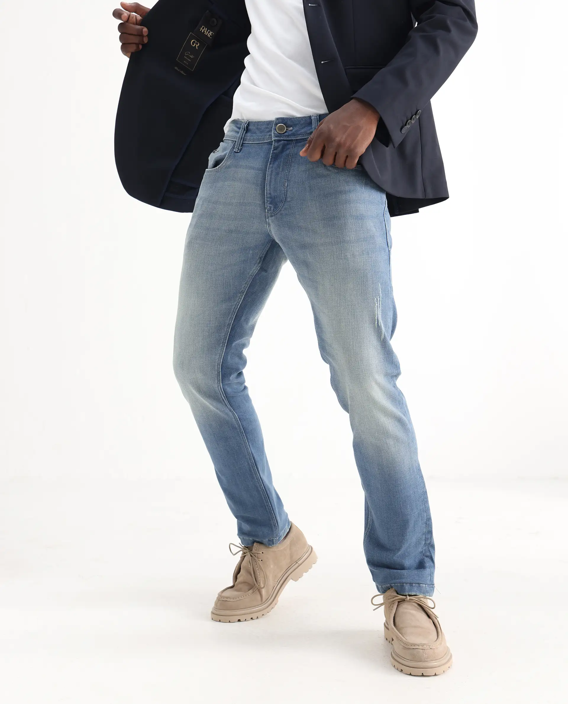 Rare Rabbit Men's Grimm Light Blue Cotton Plain Hawk Slim Fit Jeans - Image 2