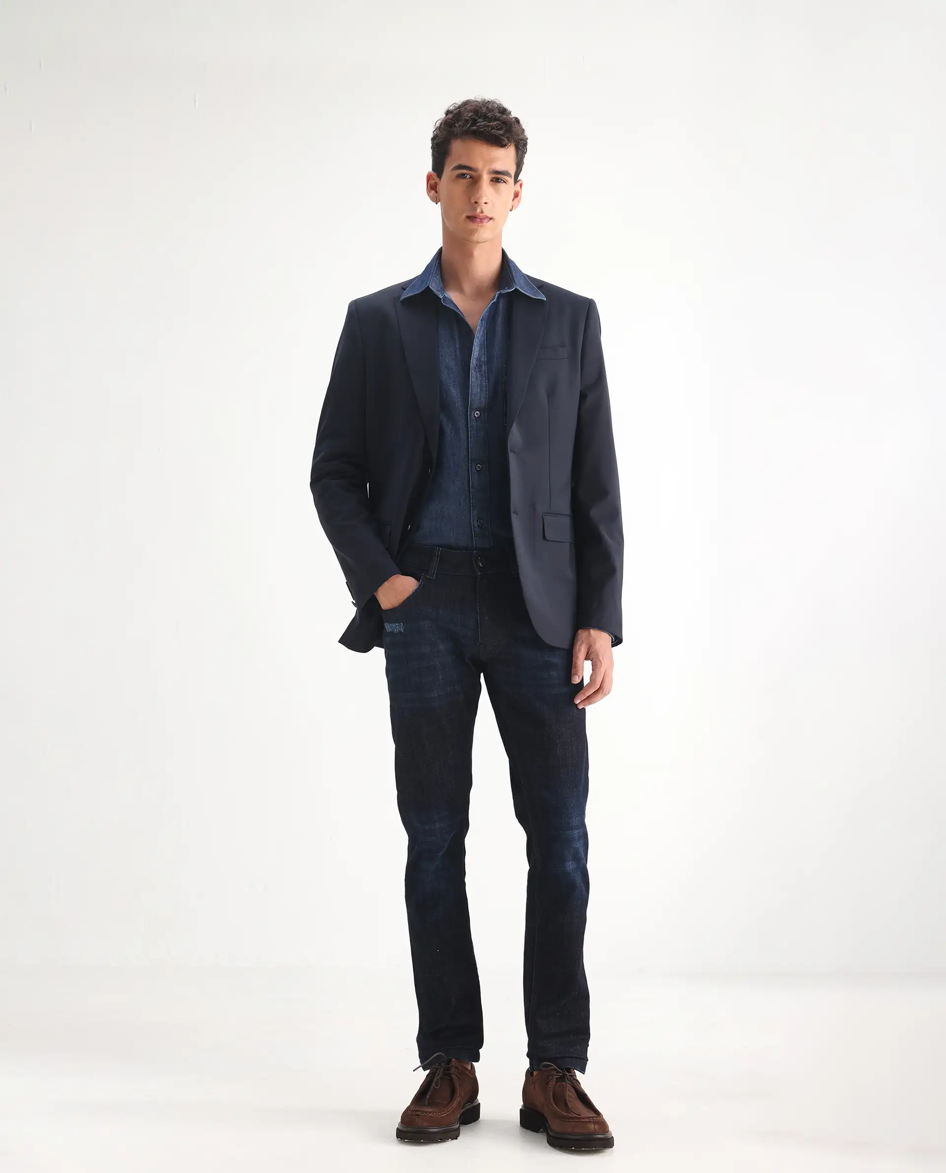 Rare Rabbit Men's Grimm Navy Cotton Plain Hawk Slim Fit Jeans