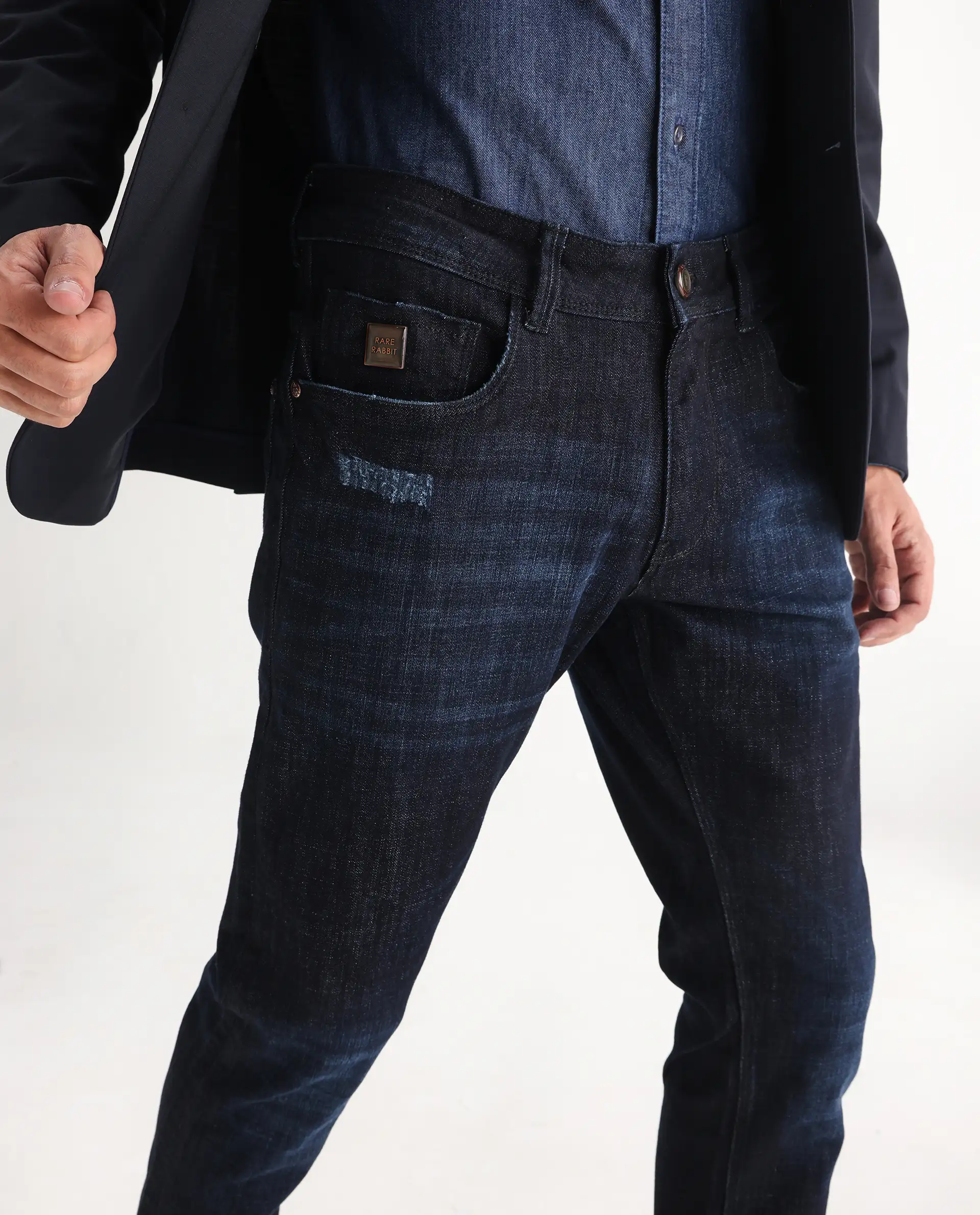 Rare Rabbit Men's Grimm Navy Cotton Plain Hawk Slim Fit Jeans - Image 2