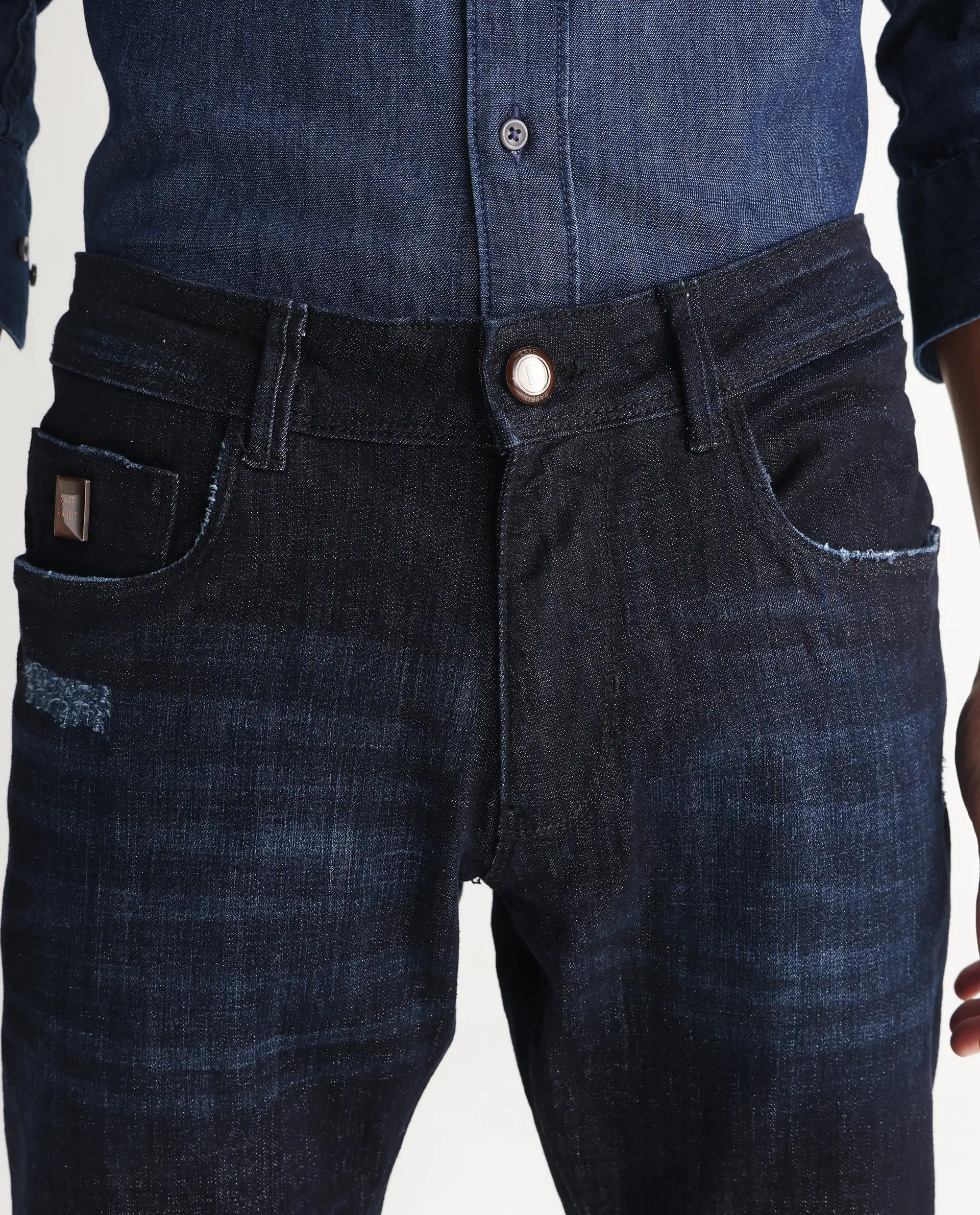 Rare Rabbit Men's Grimm Navy Cotton Plain Hawk Slim Fit Jeans - Image 6