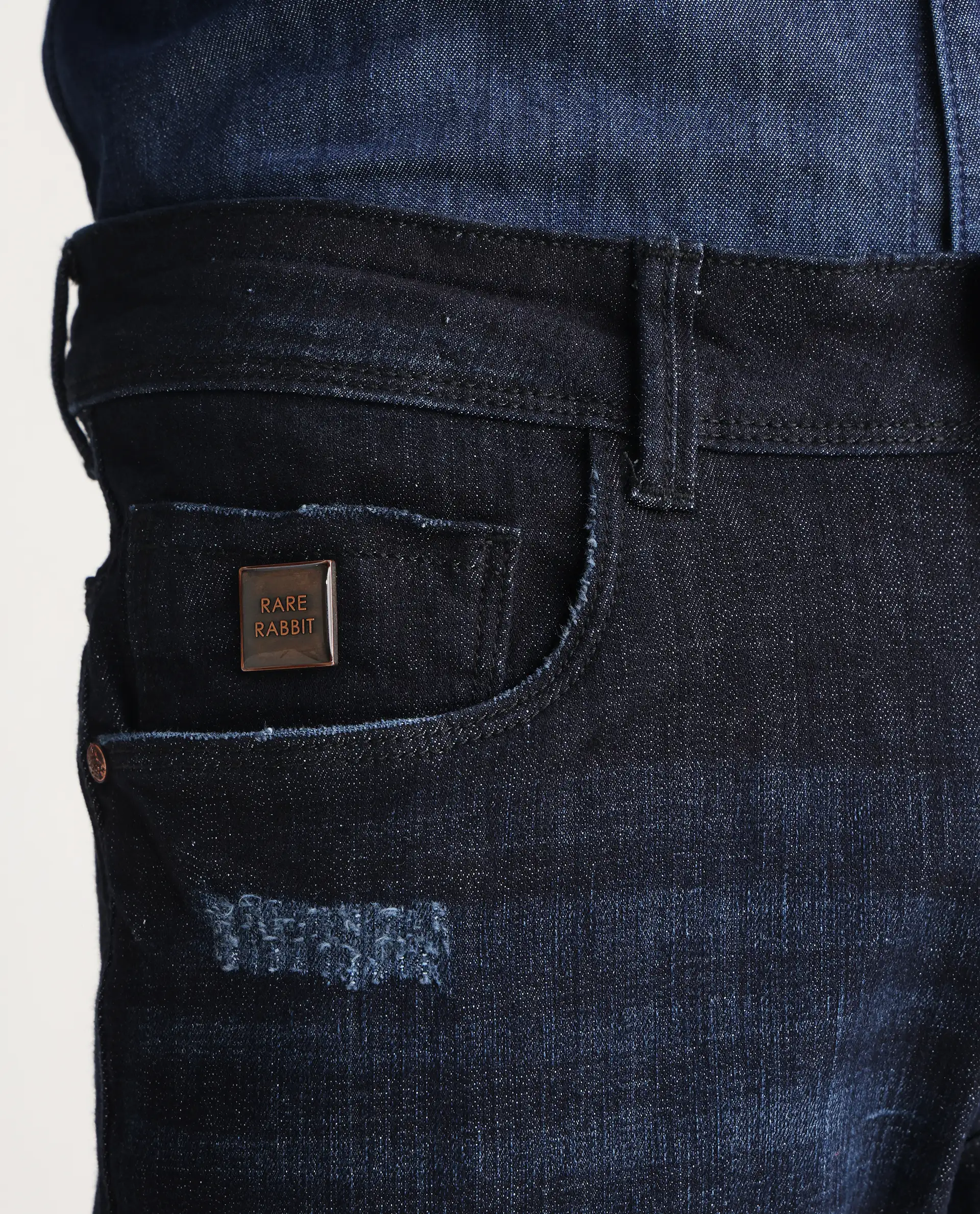Rare Rabbit Men's Grimm Navy Cotton Plain Hawk Slim Fit Jeans - Image 8