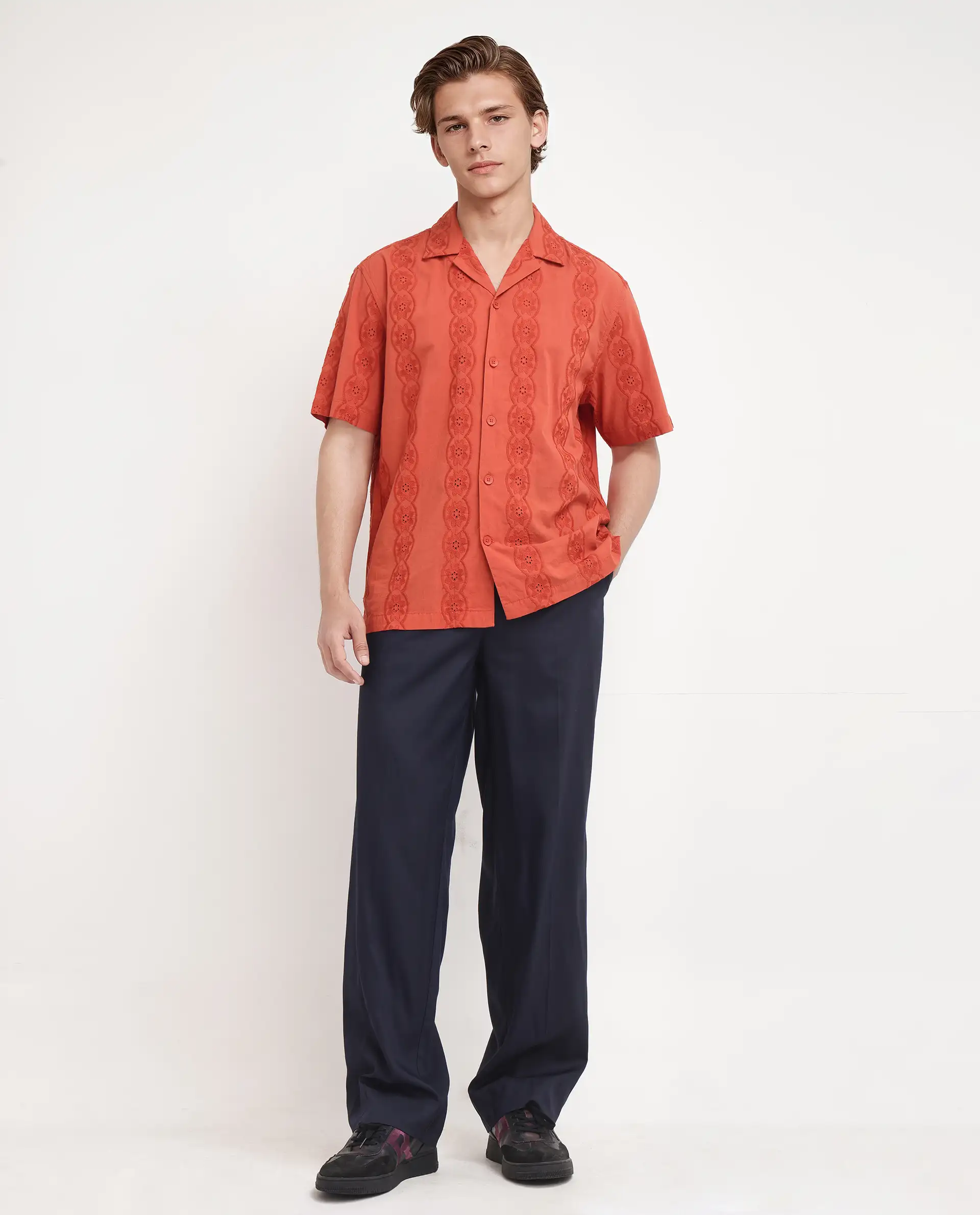 Rare Rabbit Men's Grin Orange Cotton Embroidered Relaxed Fit Half Sleeve Cuban Collar Shirt - Image 2