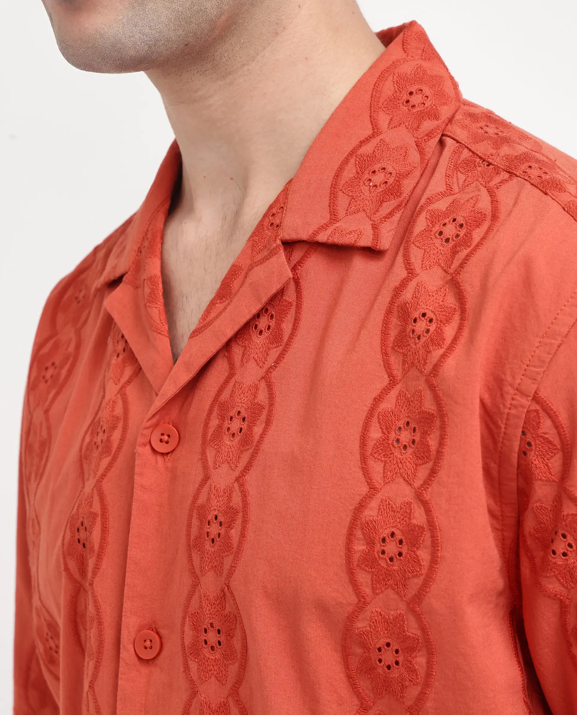 Rare Rabbit Men's Grin Orange Cotton Embroidered Relaxed Fit Half Sleeve Cuban Collar Shirt - Image 3