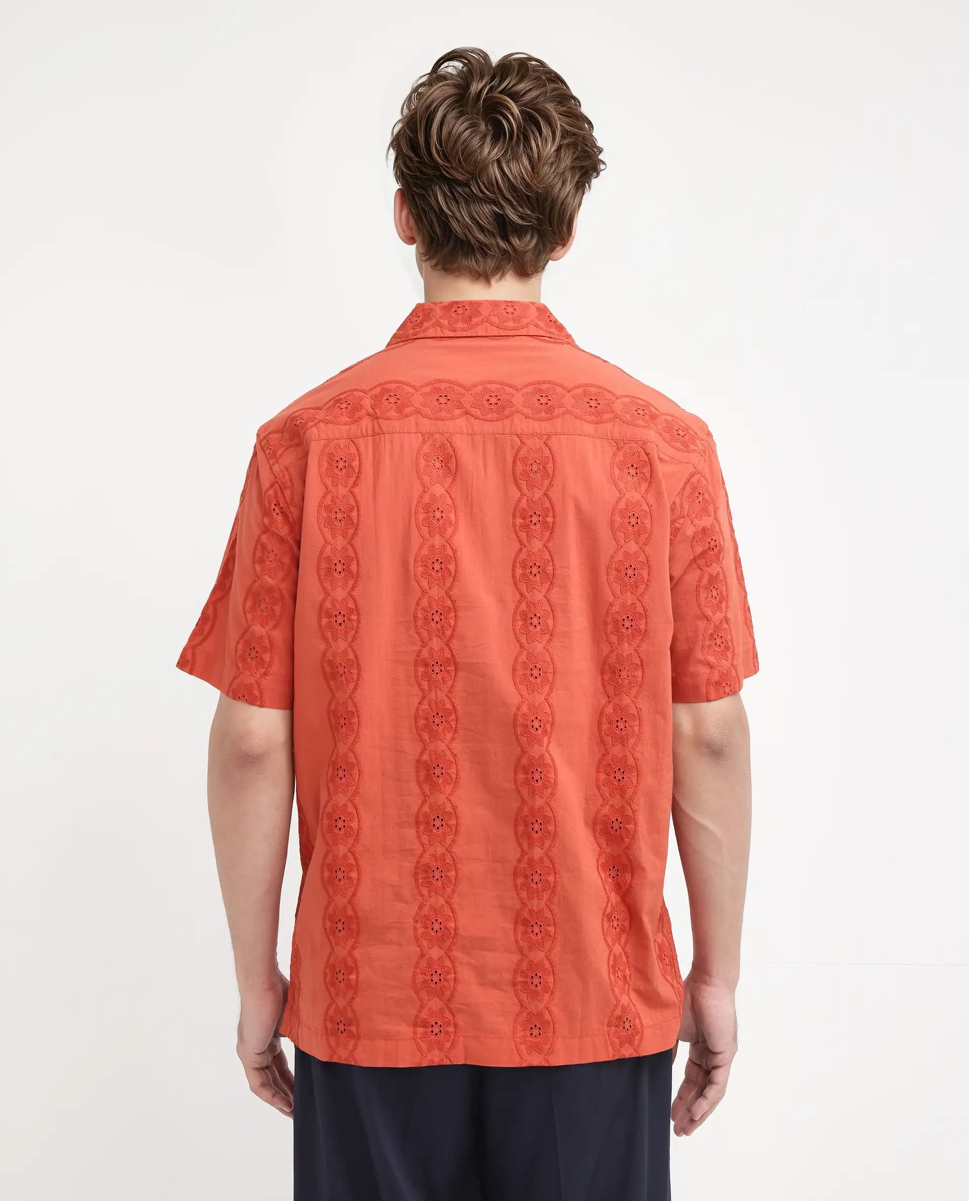 Rare Rabbit Men's Grin Orange Cotton Embroidered Relaxed Fit Half Sleeve Cuban Collar Shirt - Image 4
