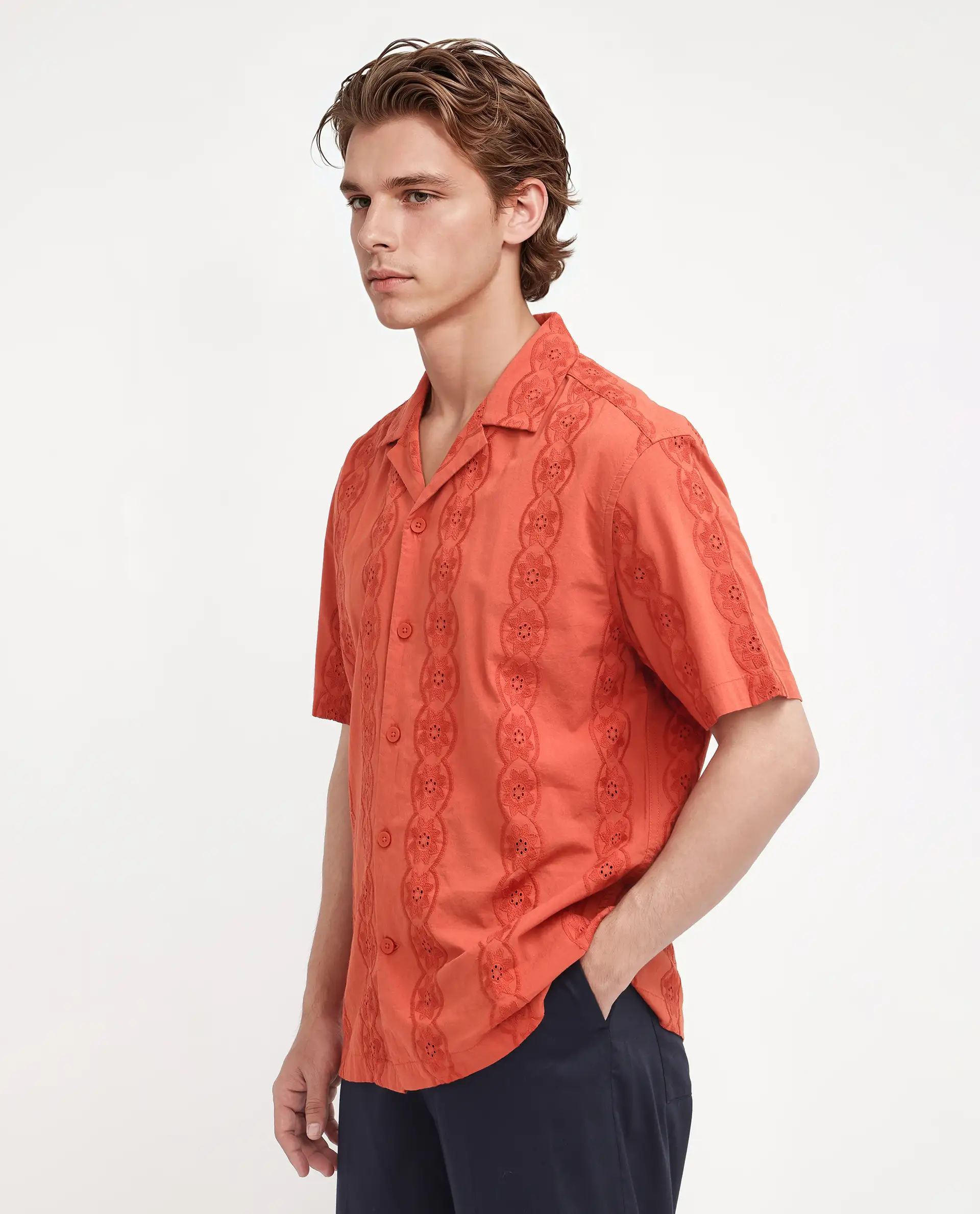 Rare Rabbit Men's Grin Orange Cotton Embroidered Relaxed Fit Half Sleeve Cuban Collar Shirt - Image 5