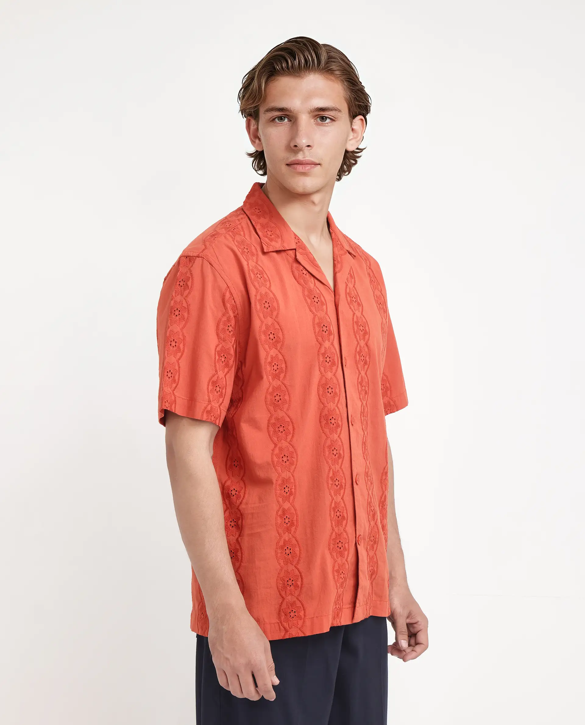 Rare Rabbit Men's Grin Orange Cotton Embroidered Relaxed Fit Half Sleeve Cuban Collar Shirt - Image 6