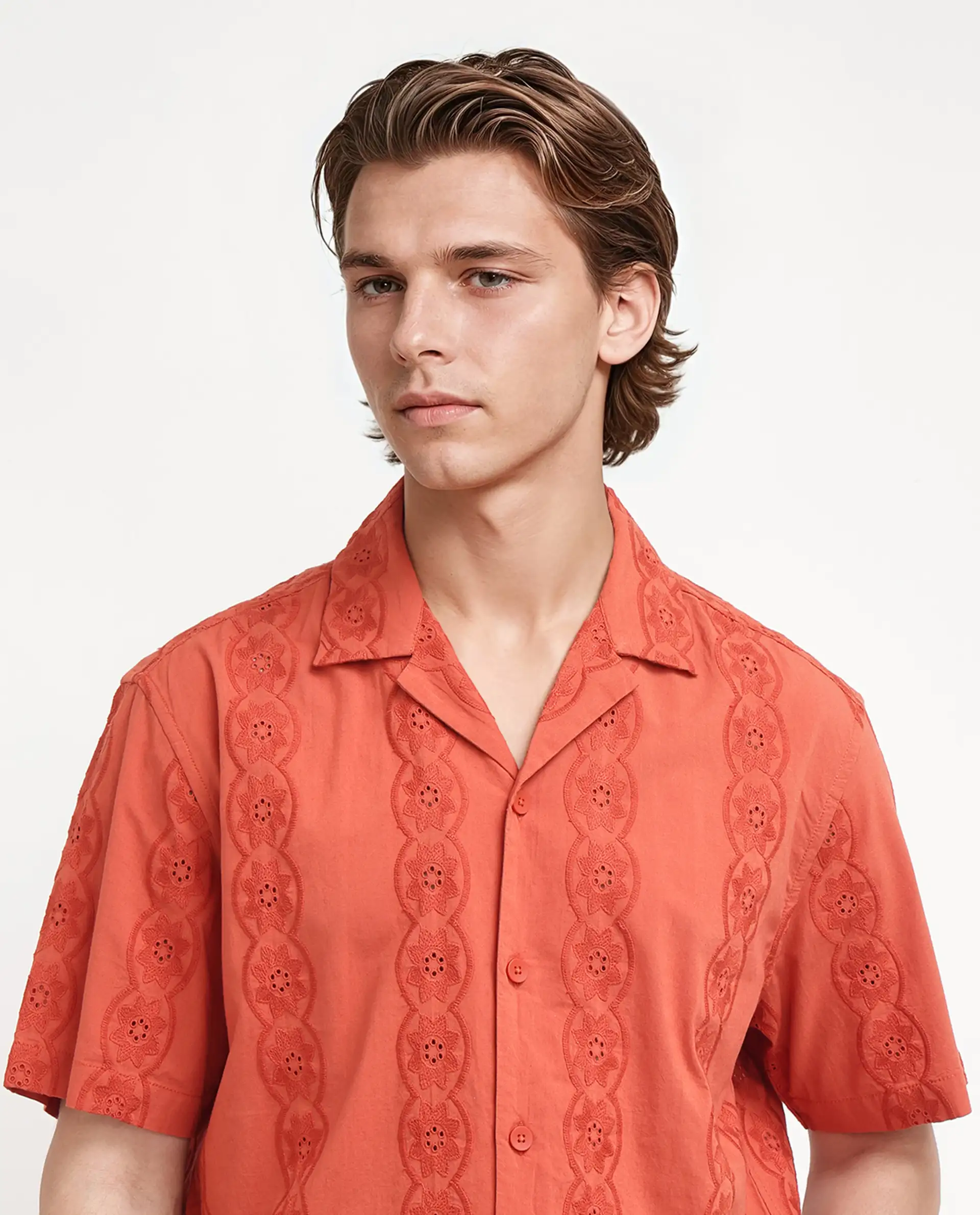 Rare Rabbit Men's Grin Orange Cotton Embroidered Relaxed Fit Half Sleeve Cuban Collar Shirt - Image 7