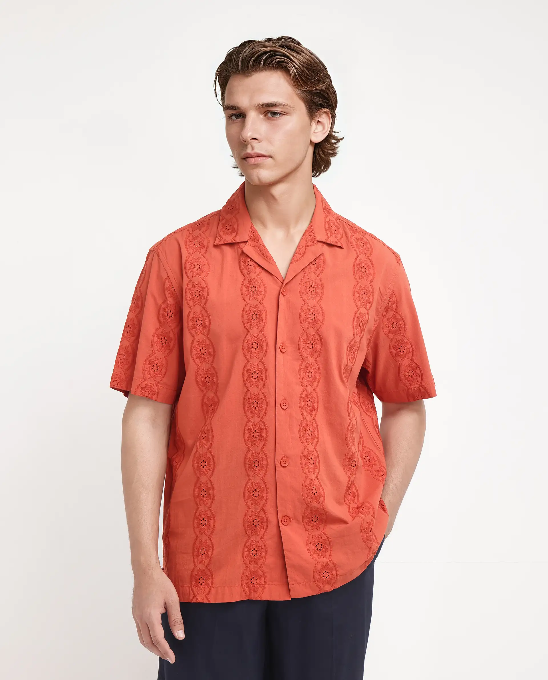 Rare Rabbit Men's Grin Orange Cotton Embroidered Relaxed Fit Half Sleeve Cuban Collar Shirt - Image 8