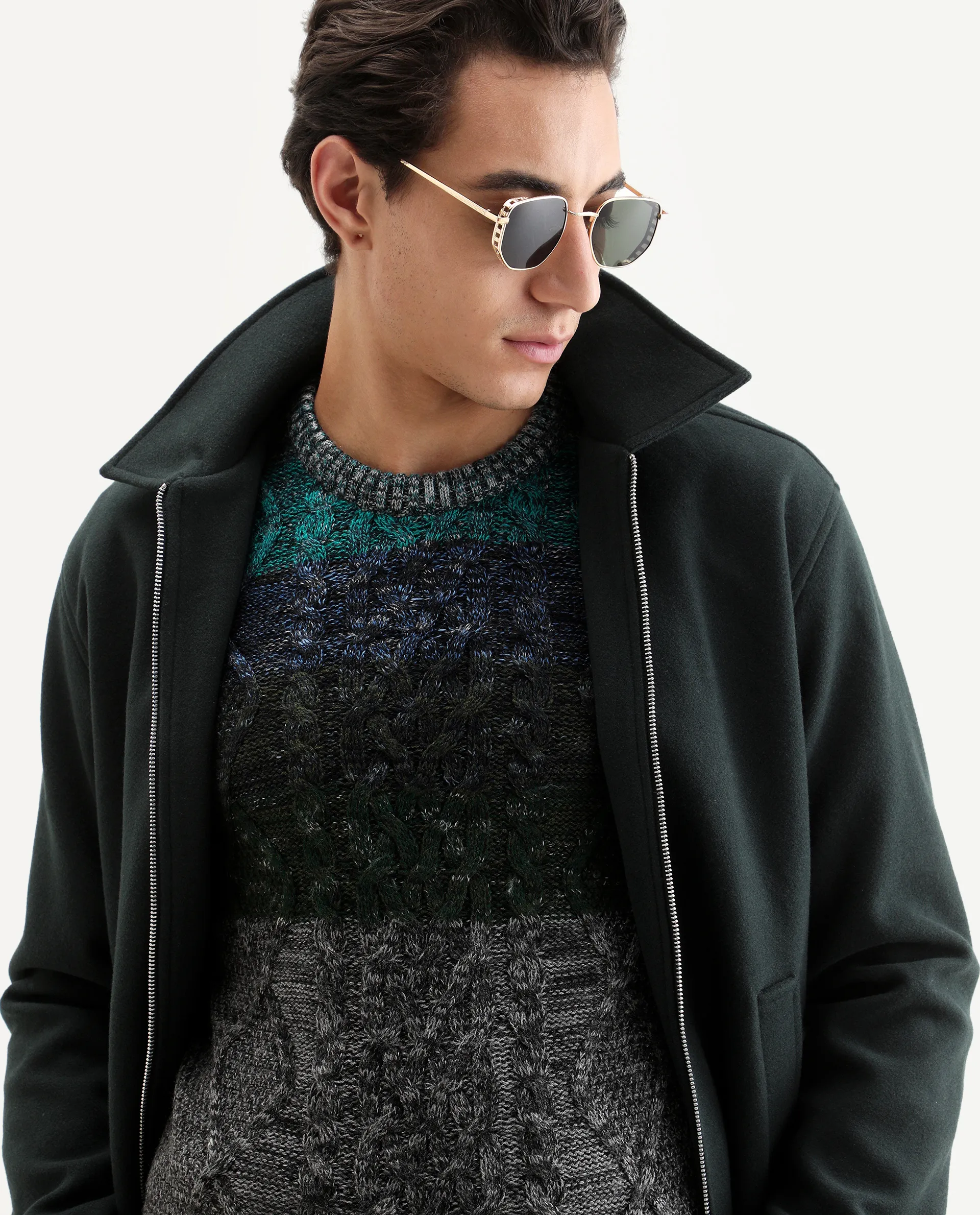 Rare Rabbit Men's Grindle Green Acrylic Ombre Relaxed Fit Full Sleeve Crew Neck Sweater