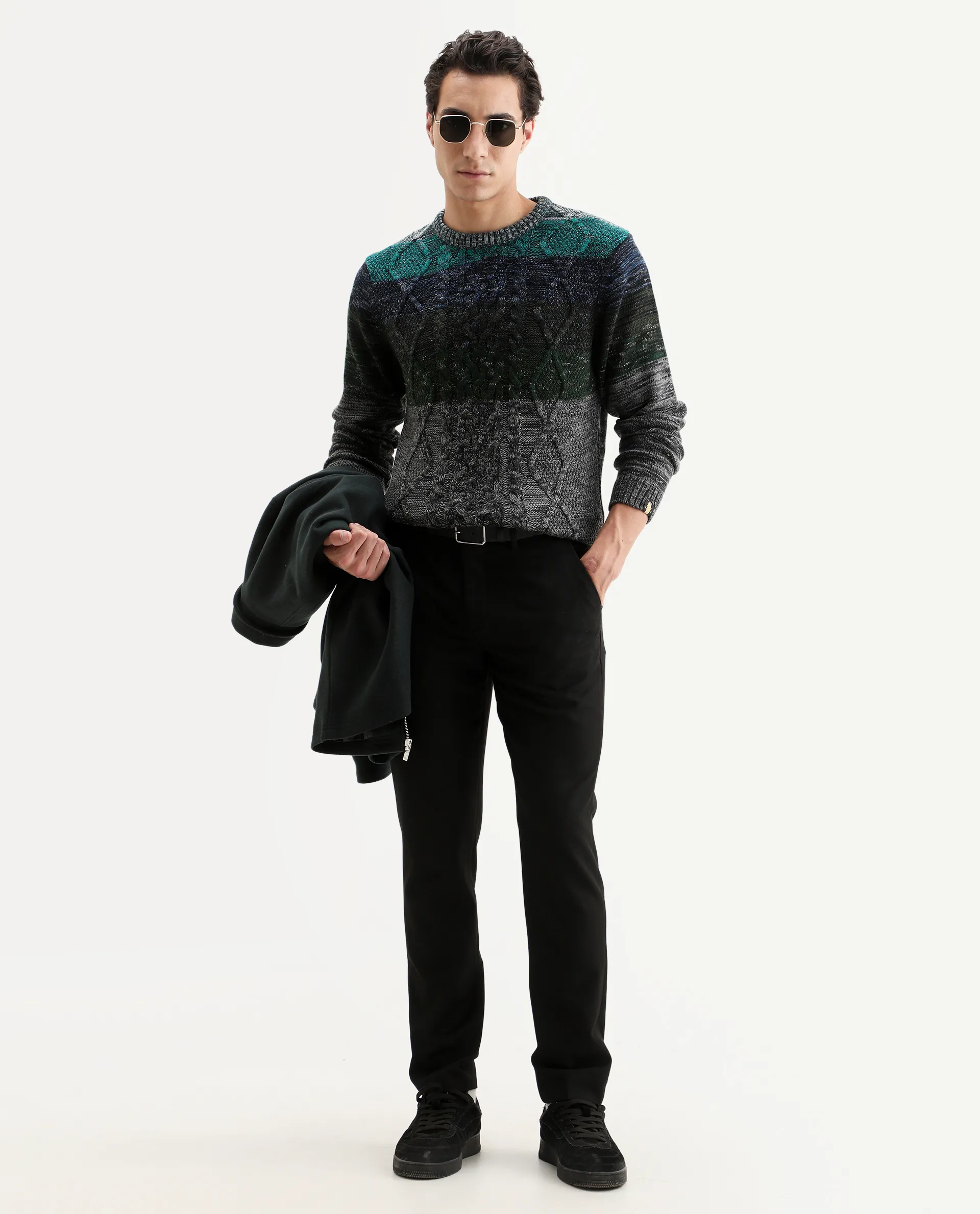 Rare Rabbit Men's Grindle Green Acrylic Ombre Relaxed Fit Full Sleeve Crew Neck Sweater - Image 2