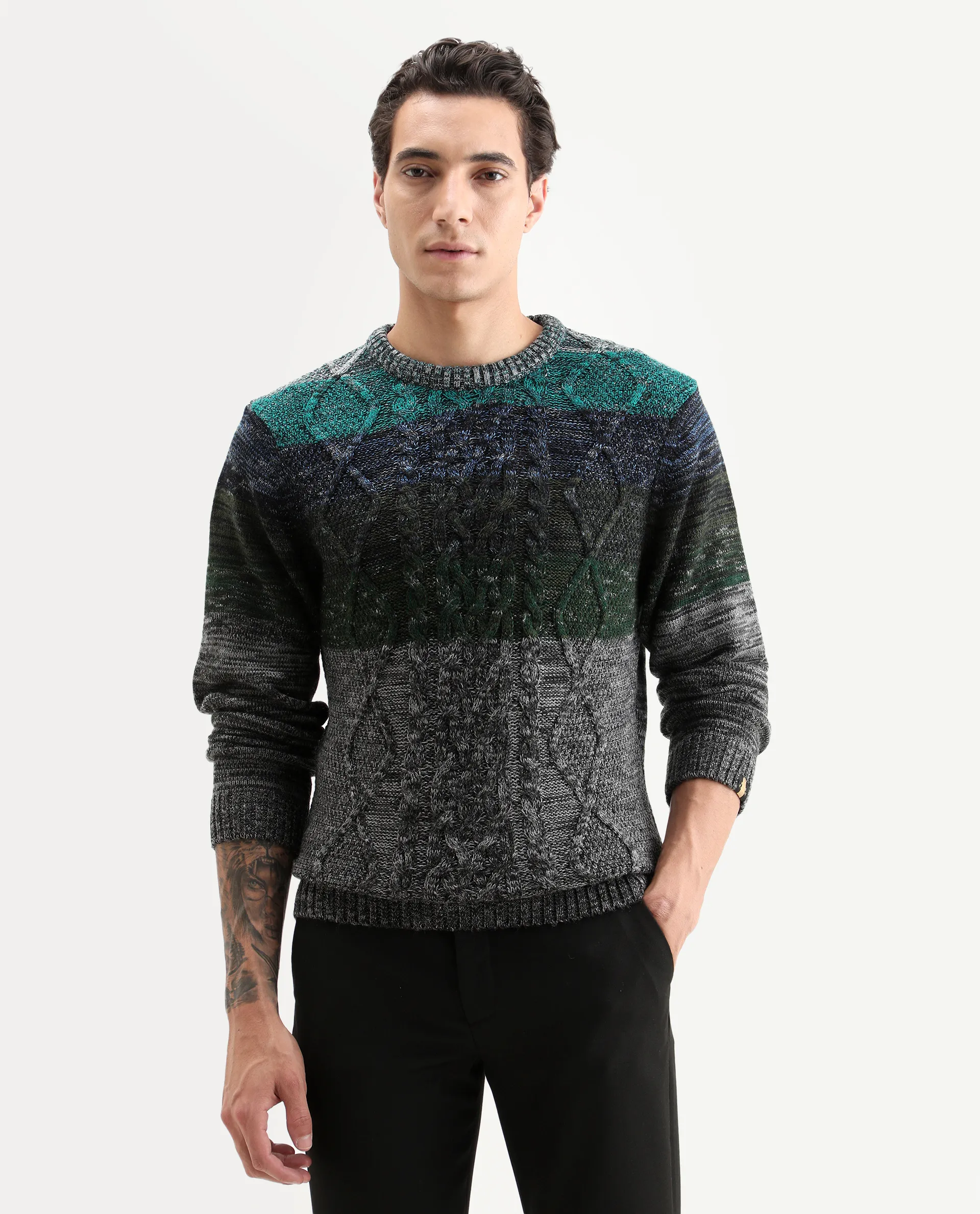 Rare Rabbit Men's Grindle Green Acrylic Ombre Relaxed Fit Full Sleeve Crew Neck Sweater - Image 3