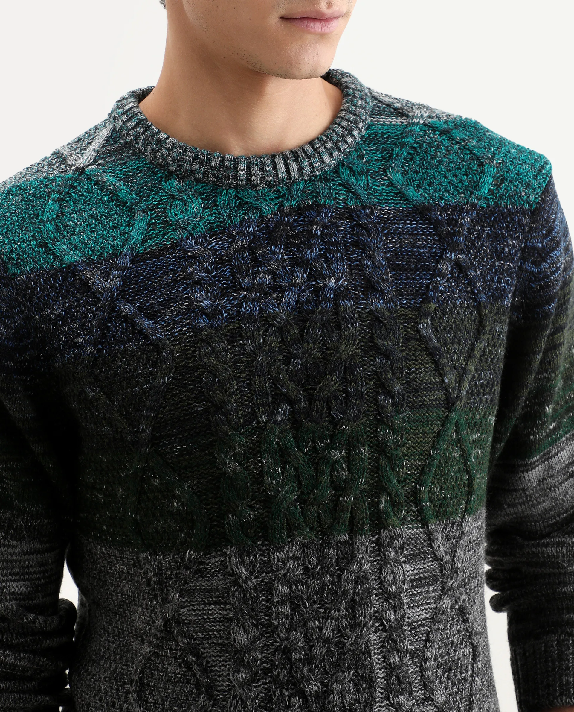 Rare Rabbit Men's Grindle Green Acrylic Ombre Relaxed Fit Full Sleeve Crew Neck Sweater - Image 4