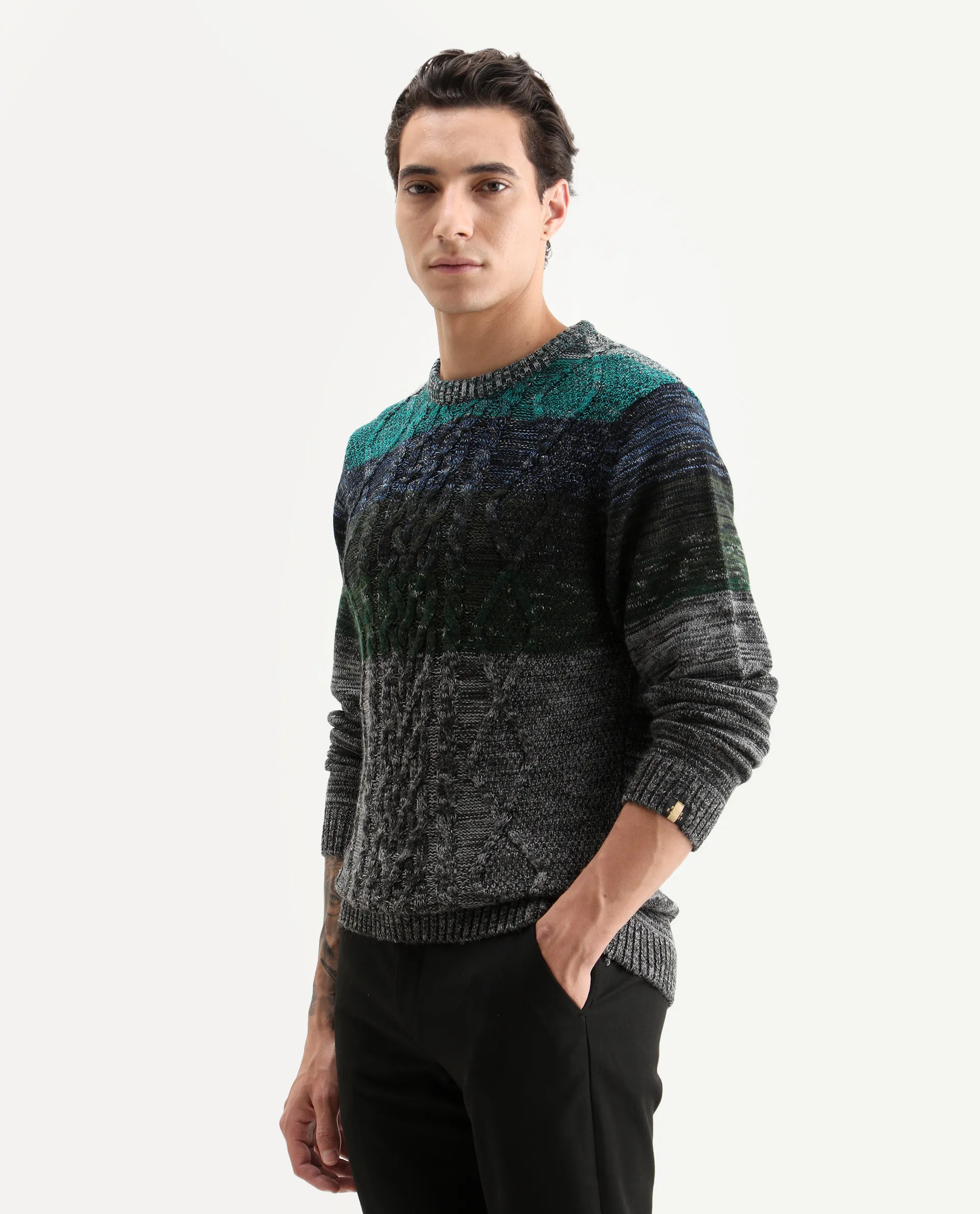 Rare Rabbit Men's Grindle Green Acrylic Ombre Relaxed Fit Full Sleeve Crew Neck Sweater - Image 5