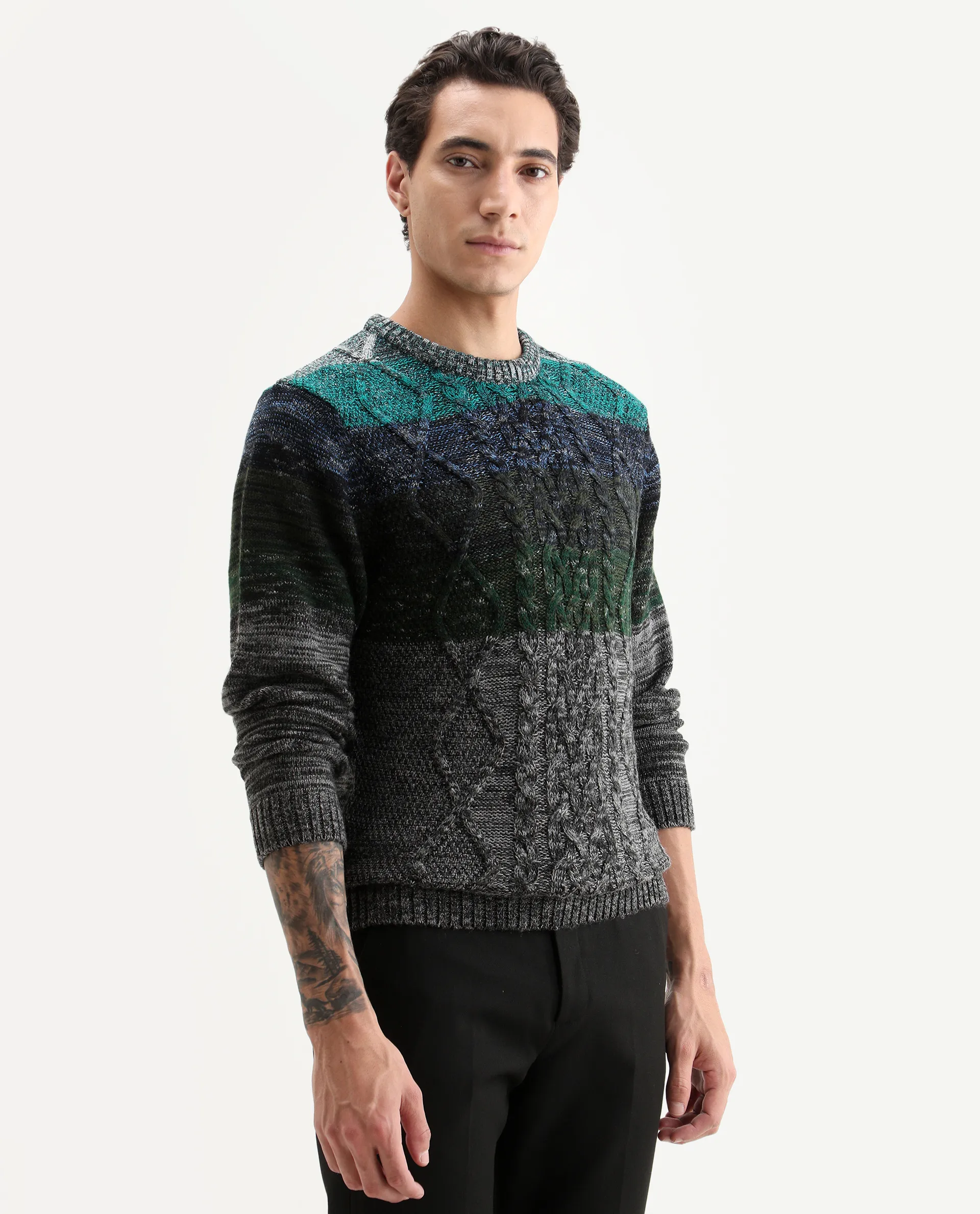 Rare Rabbit Men's Grindle Green Acrylic Ombre Relaxed Fit Full Sleeve Crew Neck Sweater - Image 6