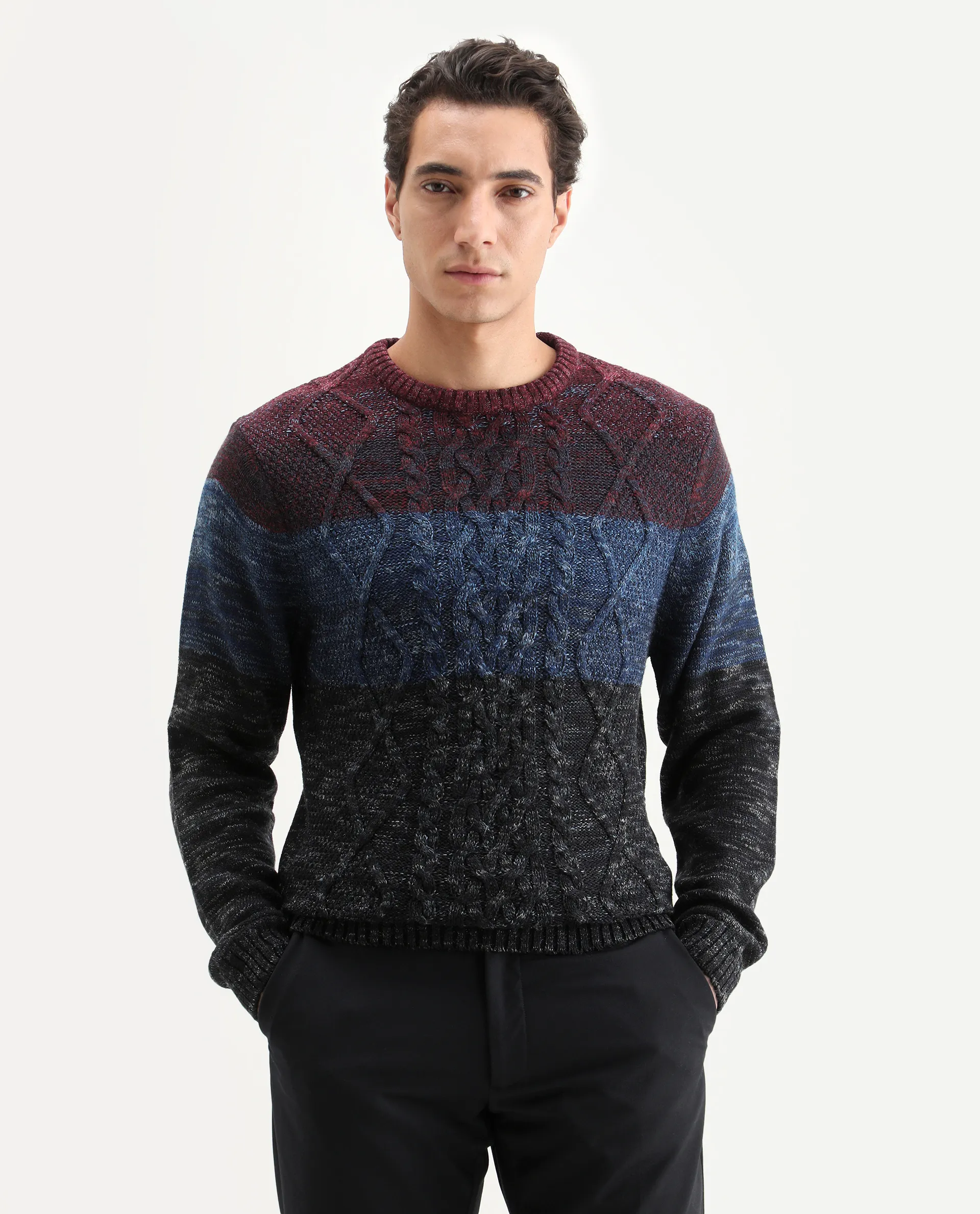 Rare Rabbit Men's Grindle Navy Ombre Slim Fit Full Sleeve Crew Neck Sweater - Image 3