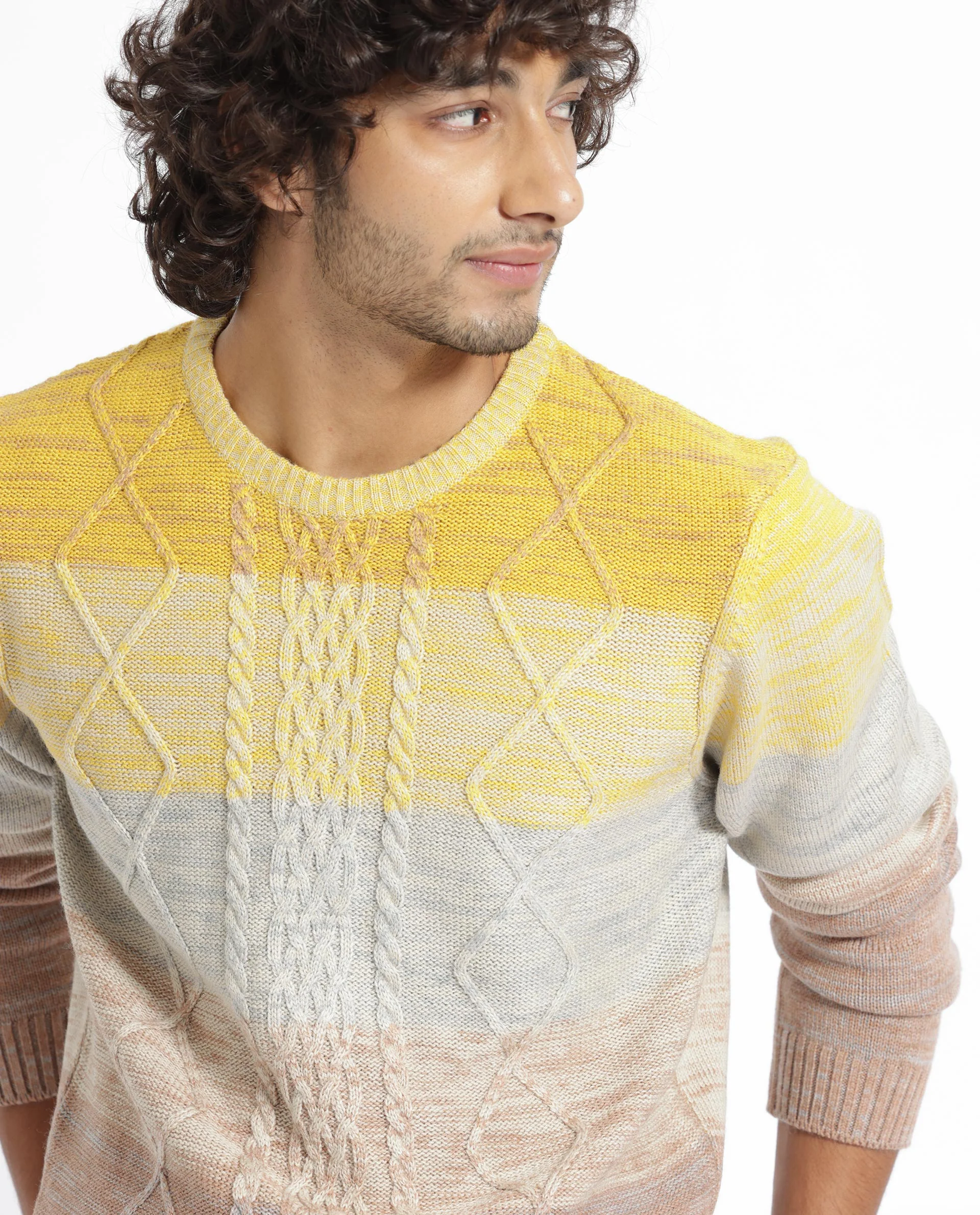 Rare Rabbit Men's Grindle Mustard Ombre Regular Fit Full Sleeve Crew Neck Sweater