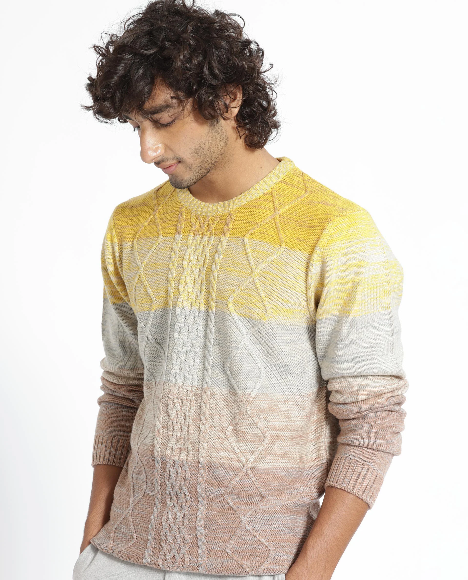 Rare Rabbit Men's Grindle Mustard Ombre Regular Fit Full Sleeve Crew Neck Sweater - Image 11