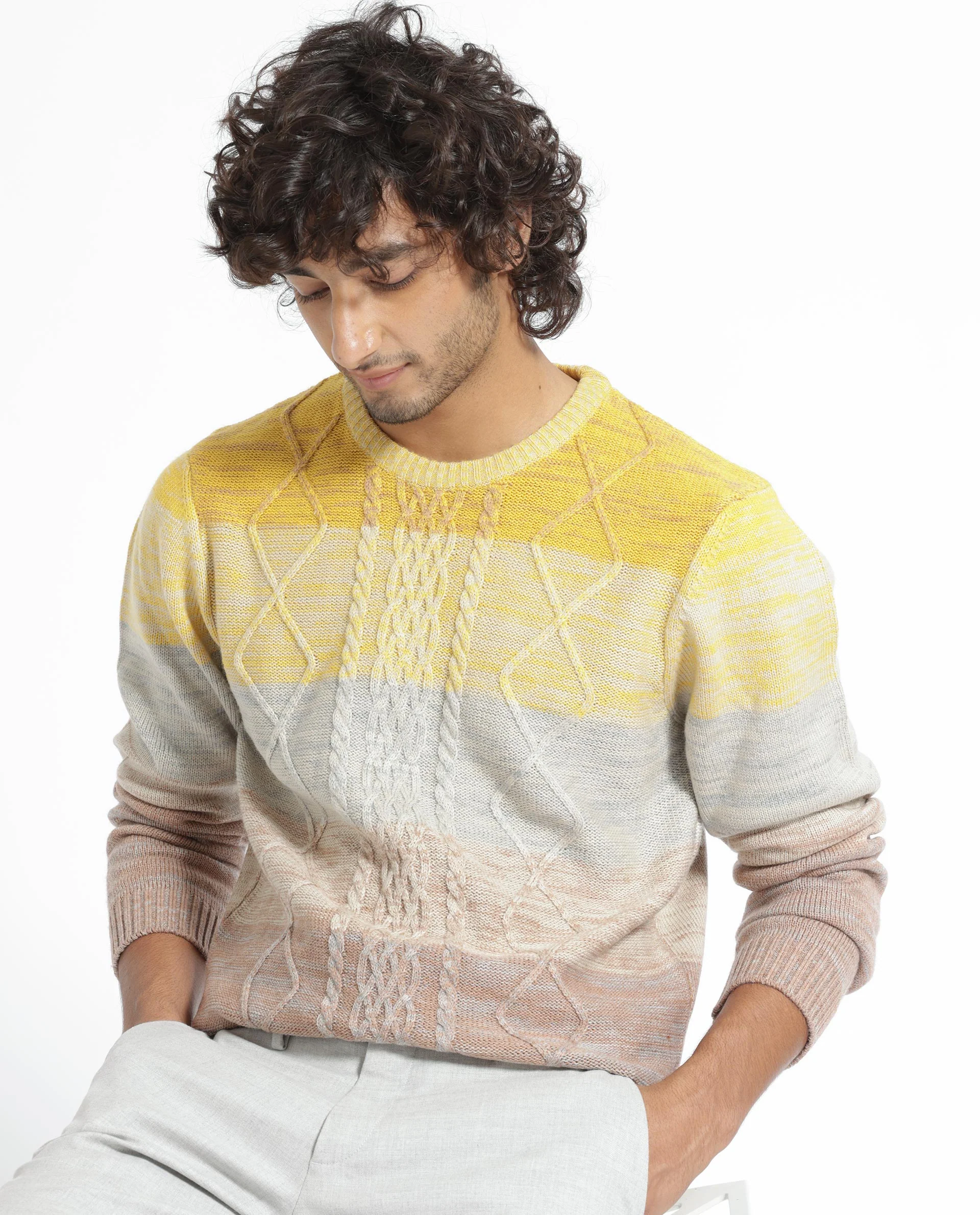 Rare Rabbit Men's Grindle Mustard Ombre Regular Fit Full Sleeve Crew Neck Sweater - Image 12