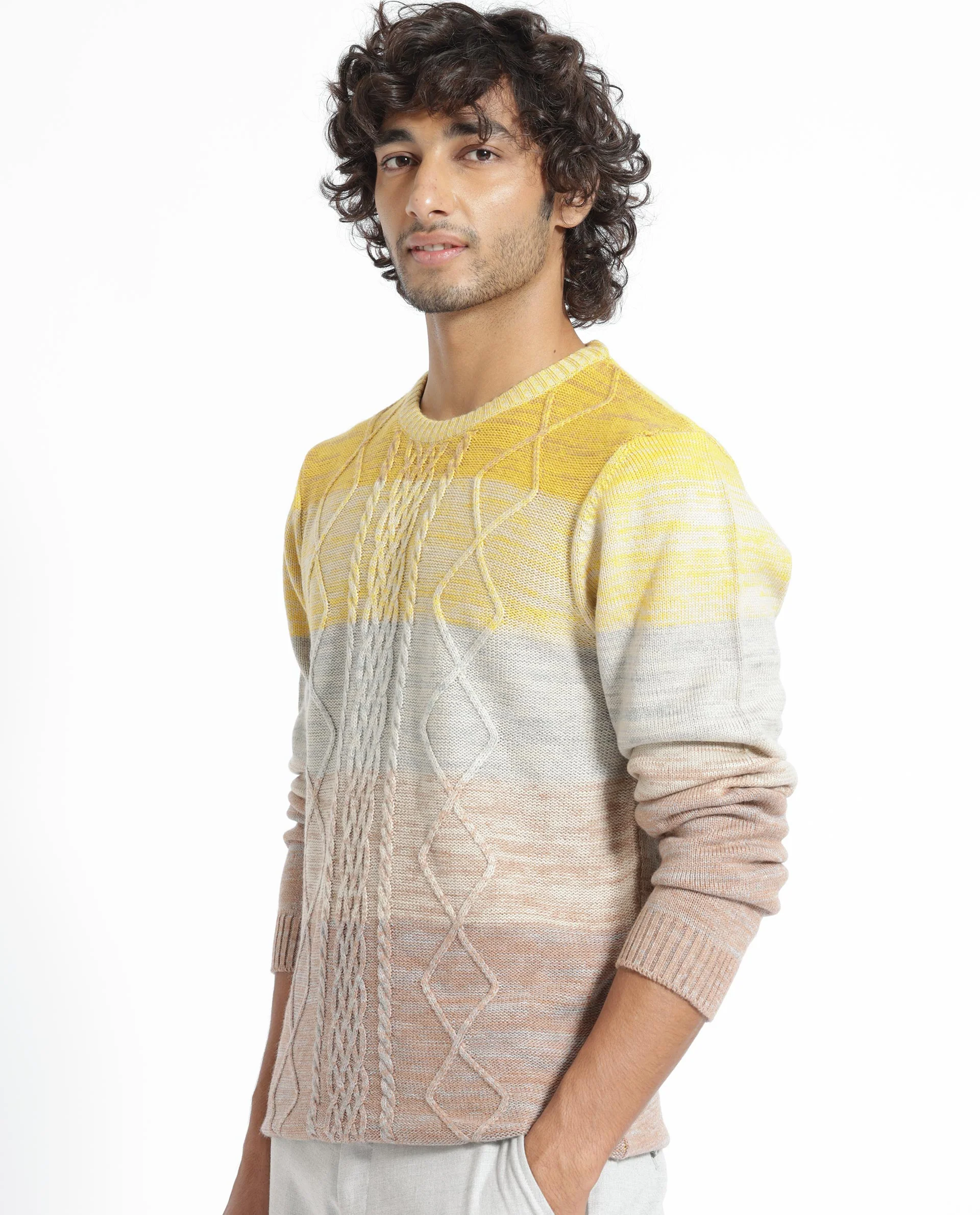 Rare Rabbit Men's Grindle Mustard Ombre Regular Fit Full Sleeve Crew Neck Sweater - Image 2