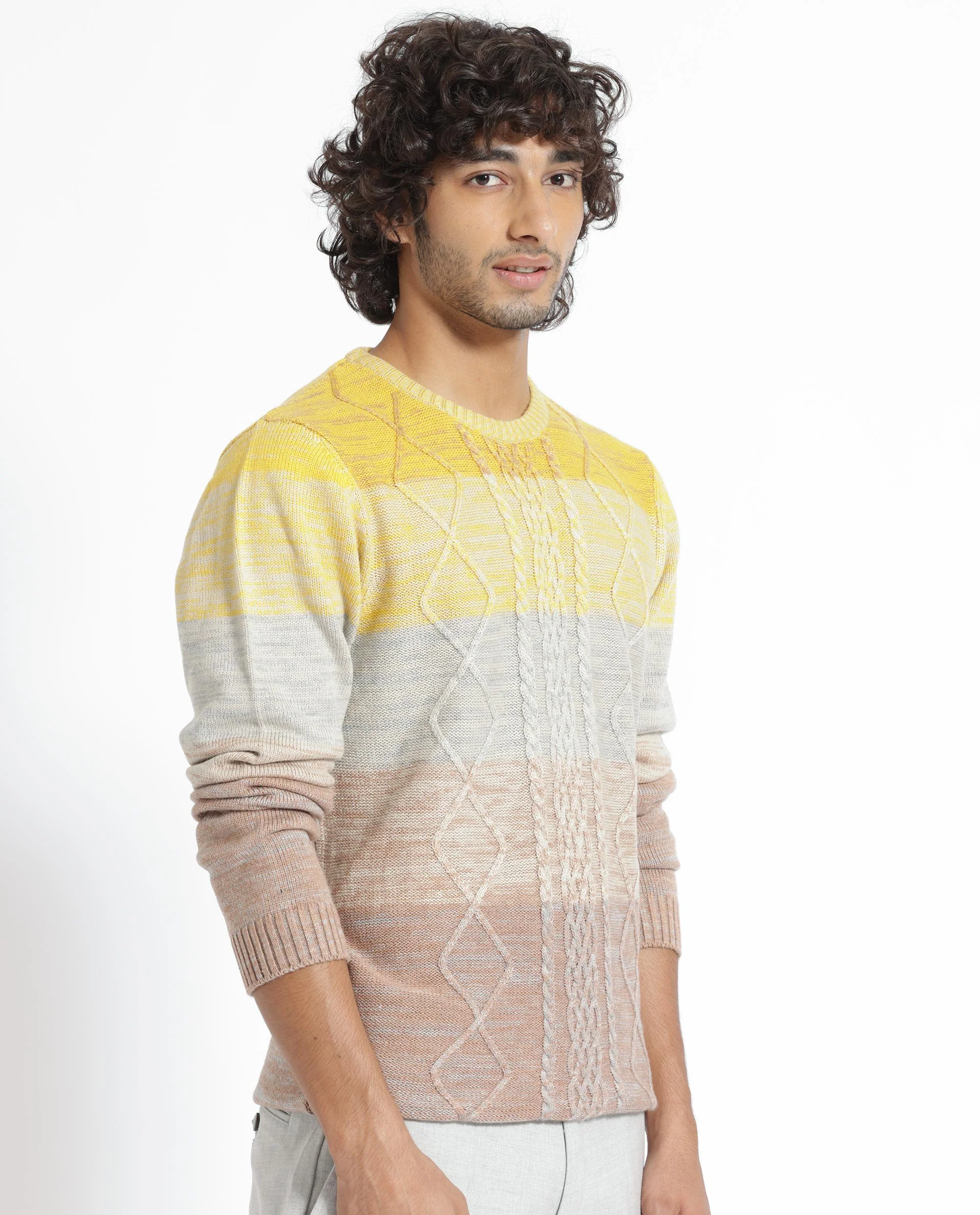 Rare Rabbit Men's Grindle Mustard Ombre Regular Fit Full Sleeve Crew Neck Sweater - Image 3
