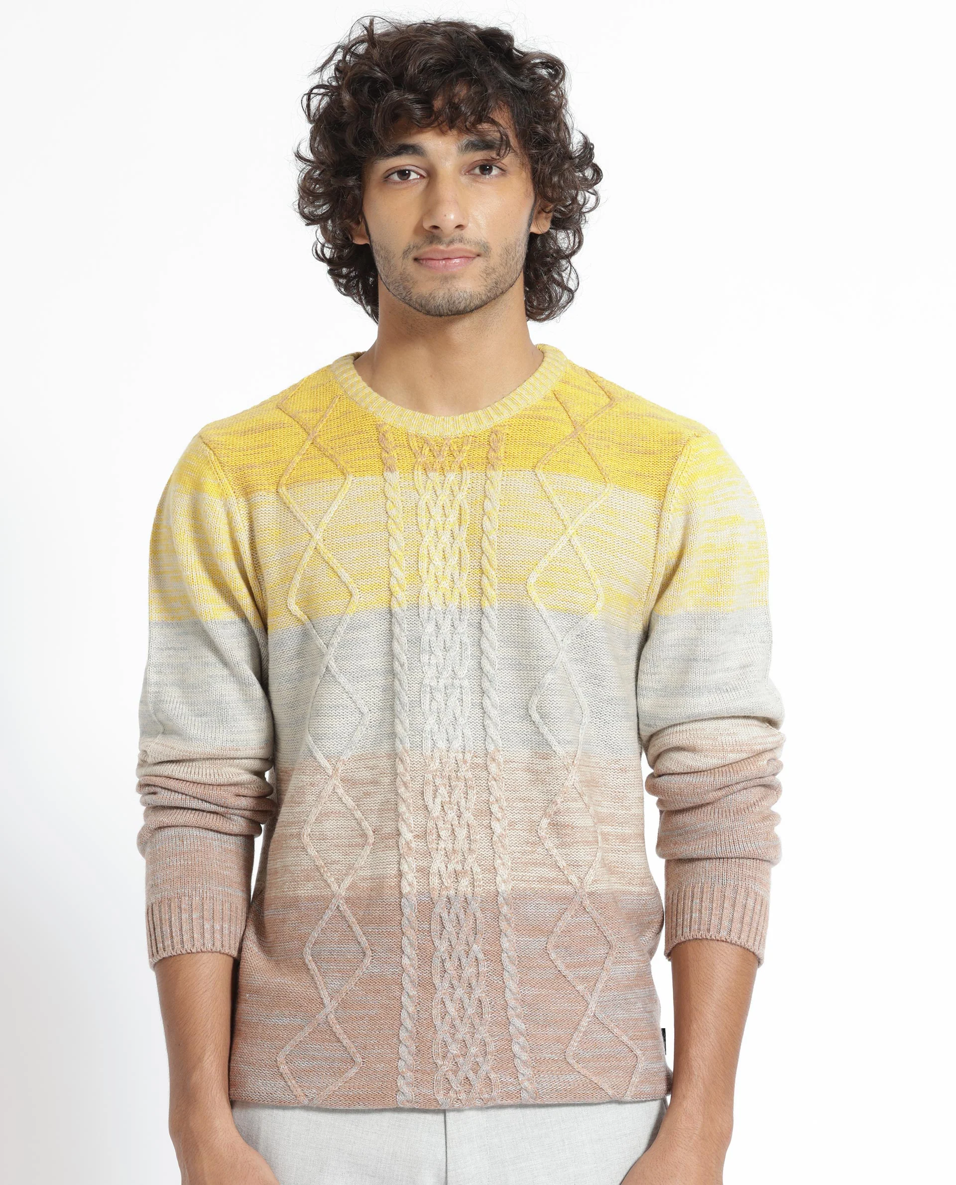 Rare Rabbit Men's Grindle Mustard Ombre Regular Fit Full Sleeve Crew Neck Sweater - Image 4