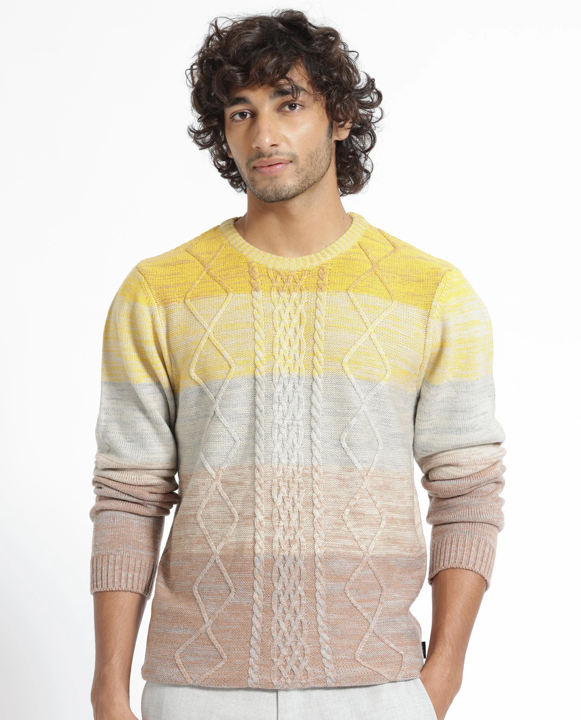 Rare Rabbit Men's Grindle Mustard Ombre Regular Fit Full Sleeve Crew Neck Sweater - Image 5