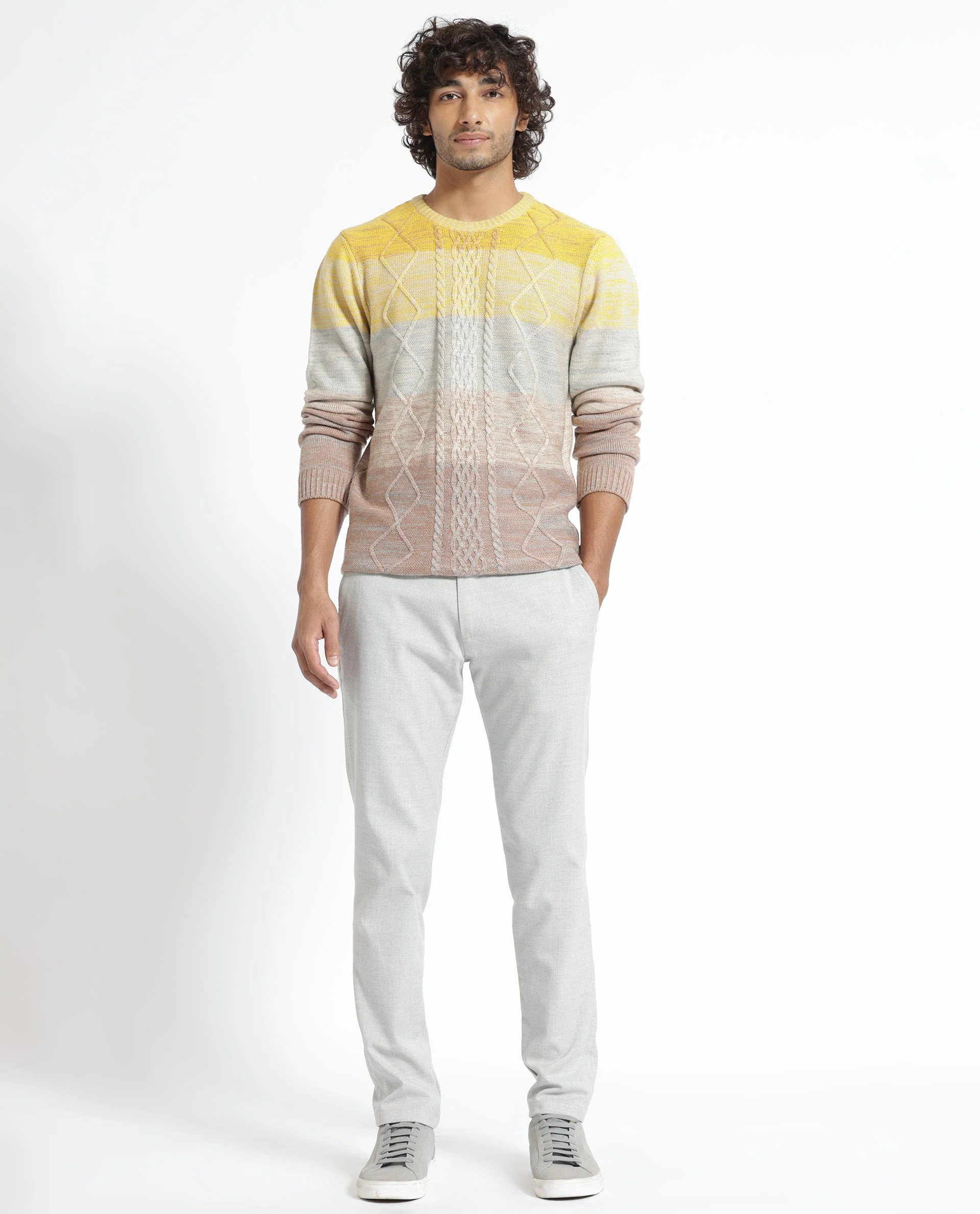 Rare Rabbit Men's Grindle Mustard Ombre Regular Fit Full Sleeve Crew Neck Sweater - Image 6