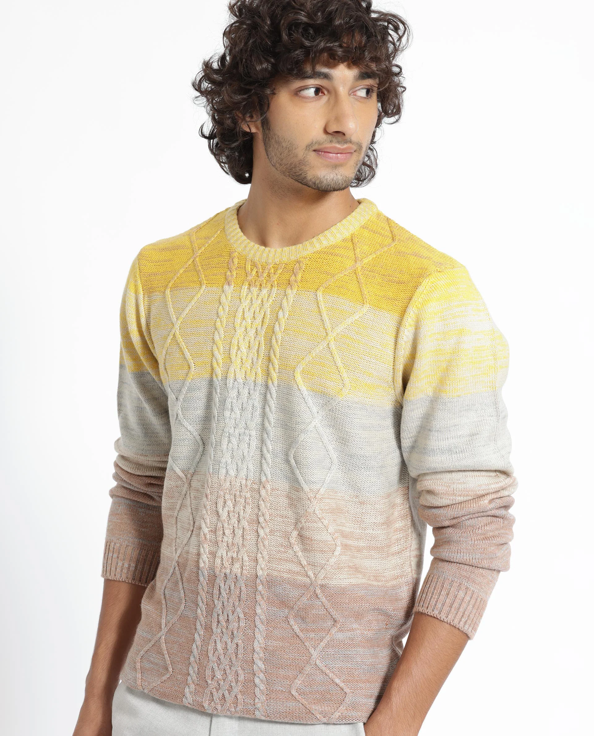 Rare Rabbit Men's Grindle Mustard Ombre Regular Fit Full Sleeve Crew Neck Sweater - Image 7