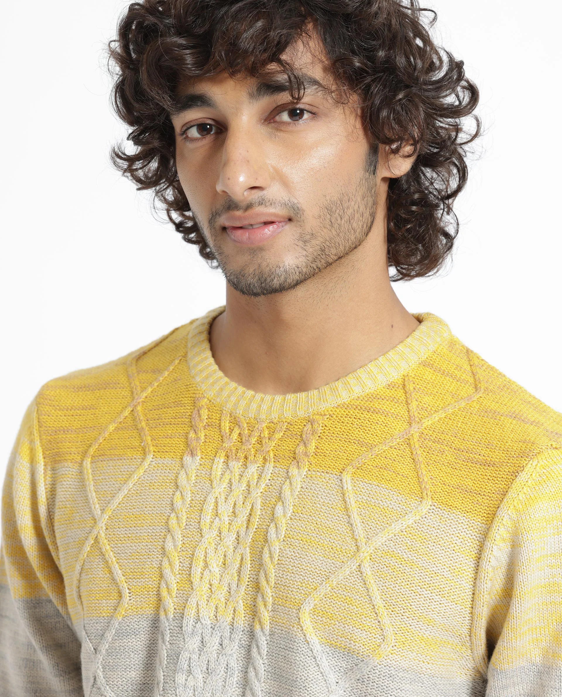Rare Rabbit Men's Grindle Mustard Ombre Regular Fit Full Sleeve Crew Neck Sweater - Image 8