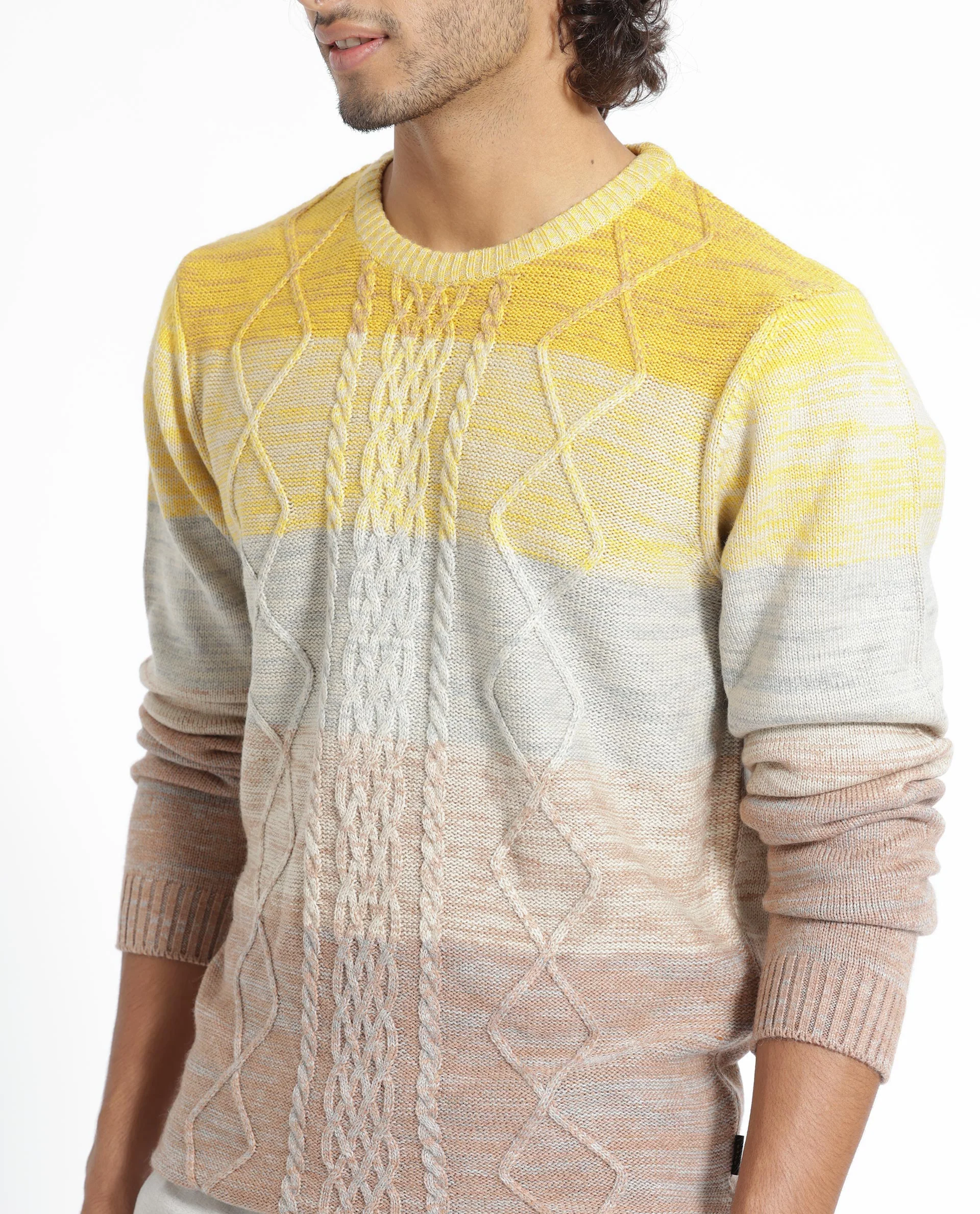 Rare Rabbit Men's Grindle Mustard Ombre Regular Fit Full Sleeve Crew Neck Sweater - Image 9