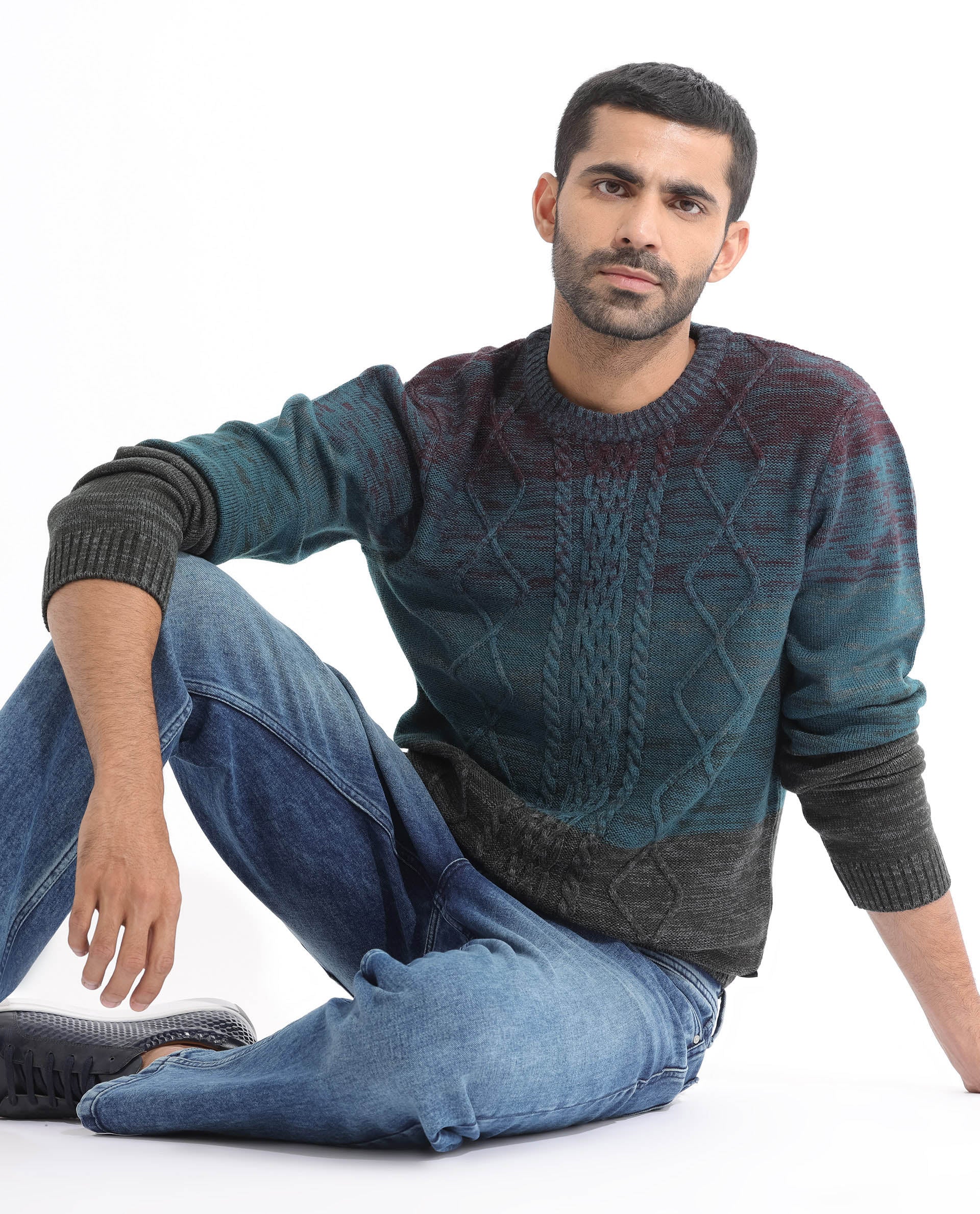 Rare Rabbit Men's Grindle Pink Acrylic Ombre Relaxed Fit Full Sleeve Crew Neck Sweater