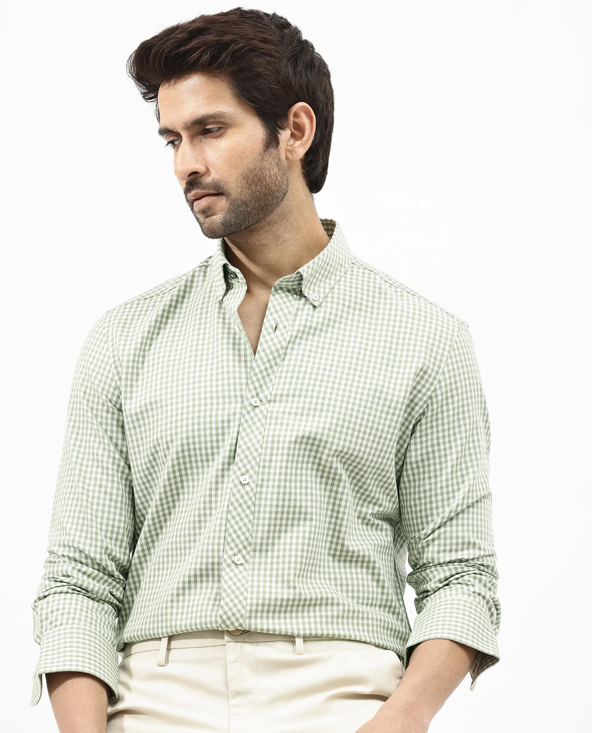 Rare Rabbit Men's Grino Dusky Green Cotton Checked Print Regular Fit Full Sleeve Collared Shirt - Image 3