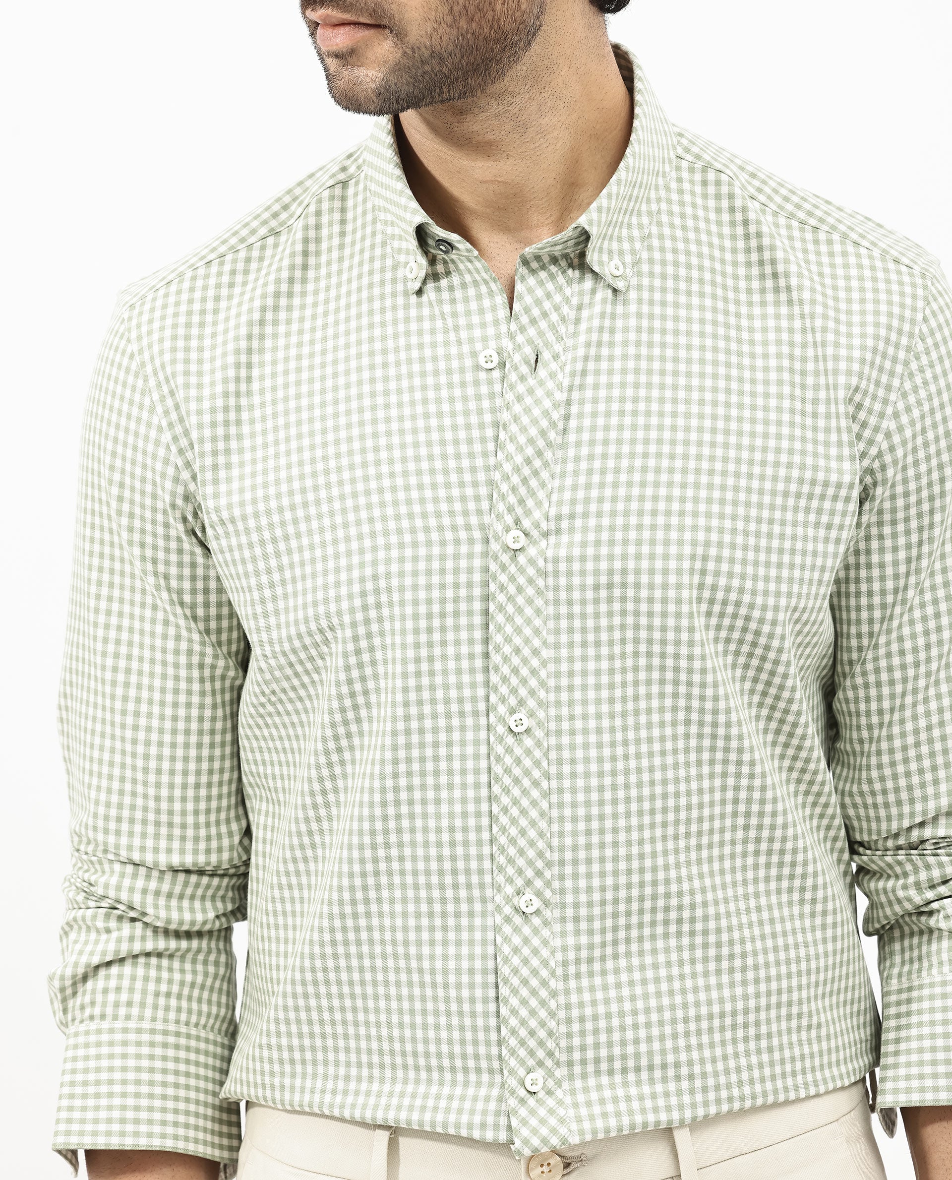 Rare Rabbit Men's Grino Dusky Green Cotton Checked Print Regular Fit Full Sleeve Collared Shirt - Image 5