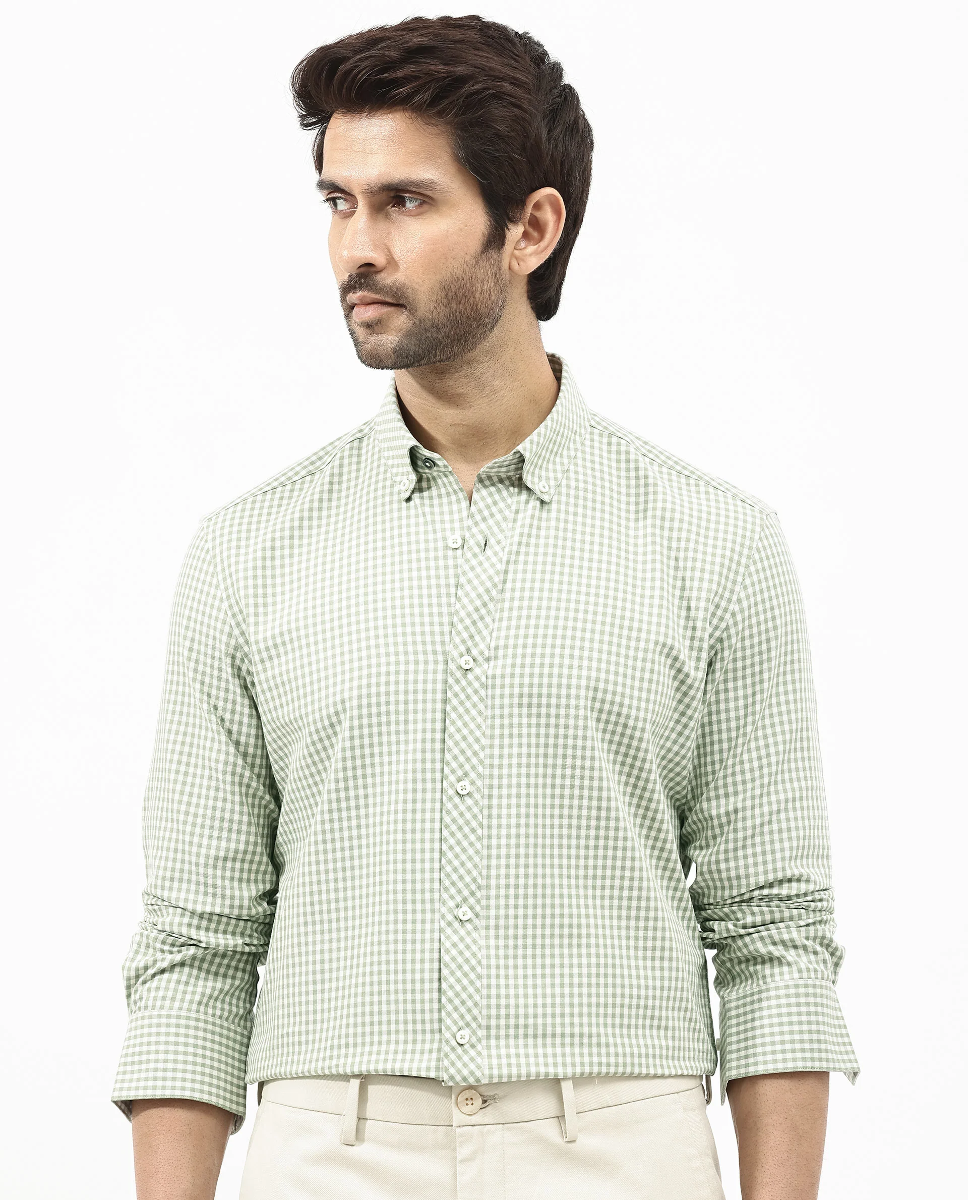 Rare Rabbit Men's Grino Dusky Green Cotton Checked Print Regular Fit Full Sleeve Collared Shirt - Image 7