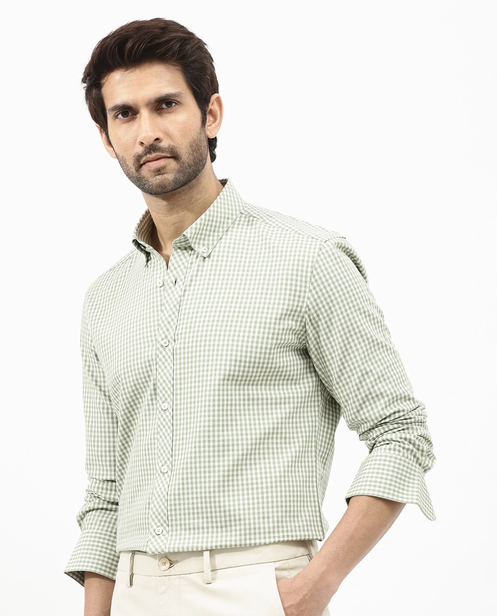 Rare Rabbit Men's Grino Dusky Green Cotton Checked Print Regular Fit Full Sleeve Collared Shirt - Image 8