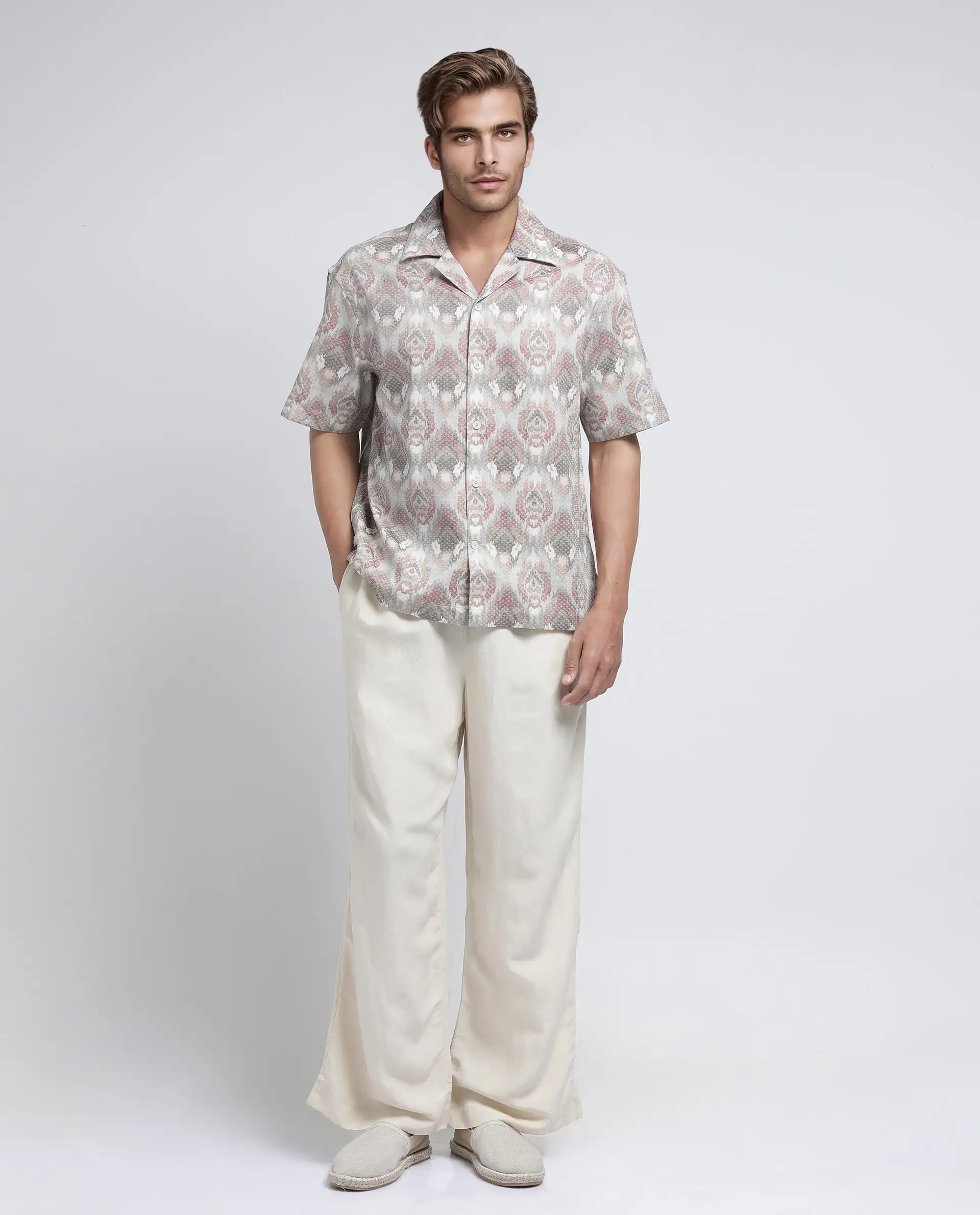 Rare Rabbit Men's Grit Beige Cotton Abstract Print Relaxed Fit Half Sleeve Cuban Collar Shirt - Image 2