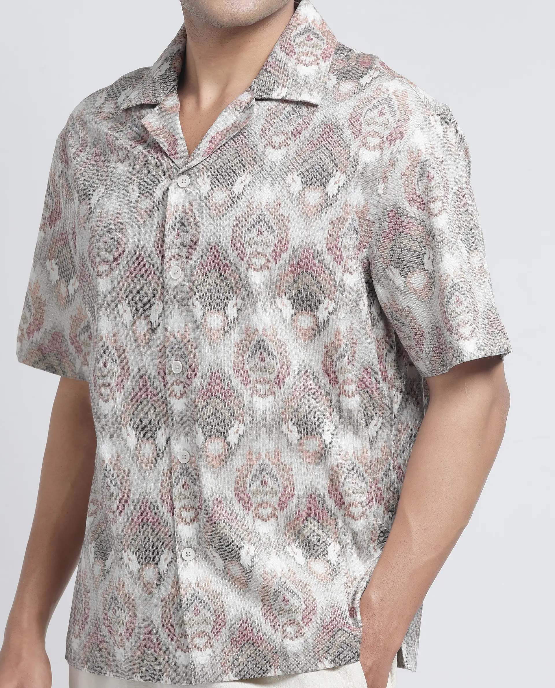Rare Rabbit Men's Grit Beige Cotton Abstract Print Relaxed Fit Half Sleeve Cuban Collar Shirt - Image 3