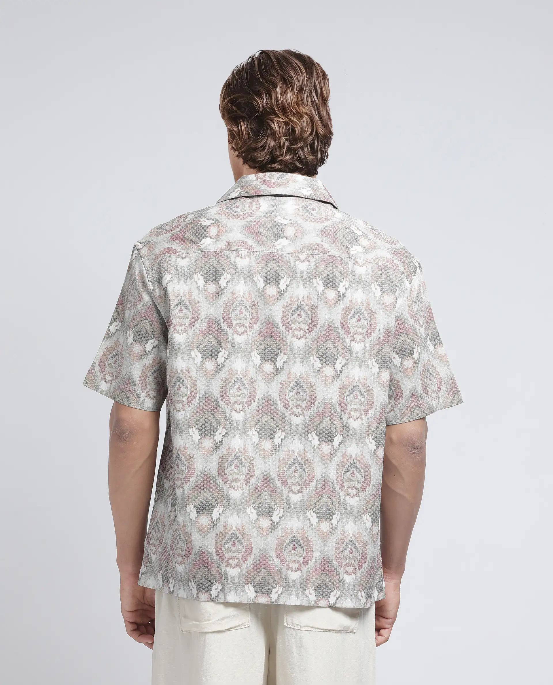 Rare Rabbit Men's Grit Beige Cotton Abstract Print Relaxed Fit Half Sleeve Cuban Collar Shirt - Image 4