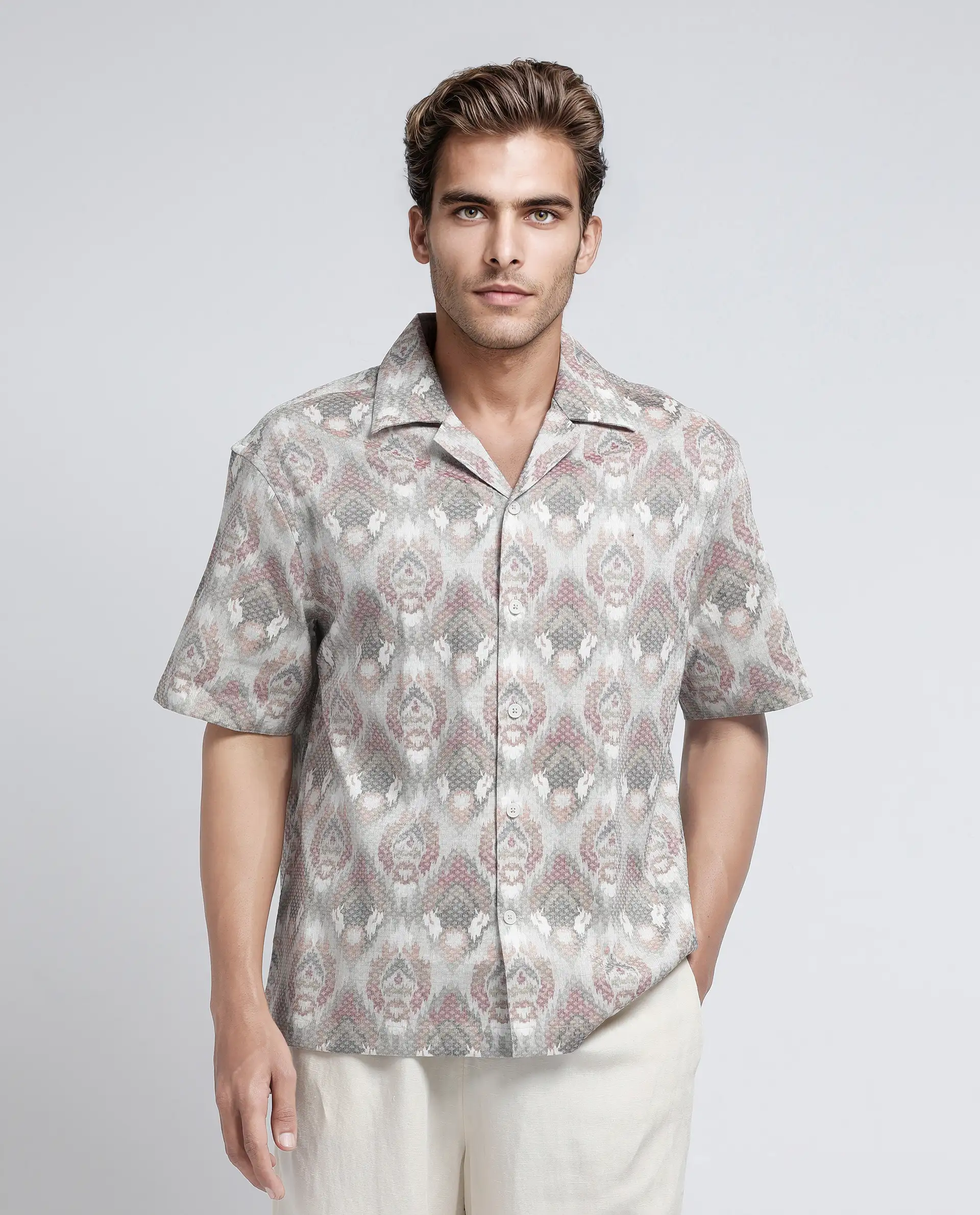 Rare Rabbit Men's Grit Beige Cotton Abstract Print Relaxed Fit Half Sleeve Cuban Collar Shirt - Image 5