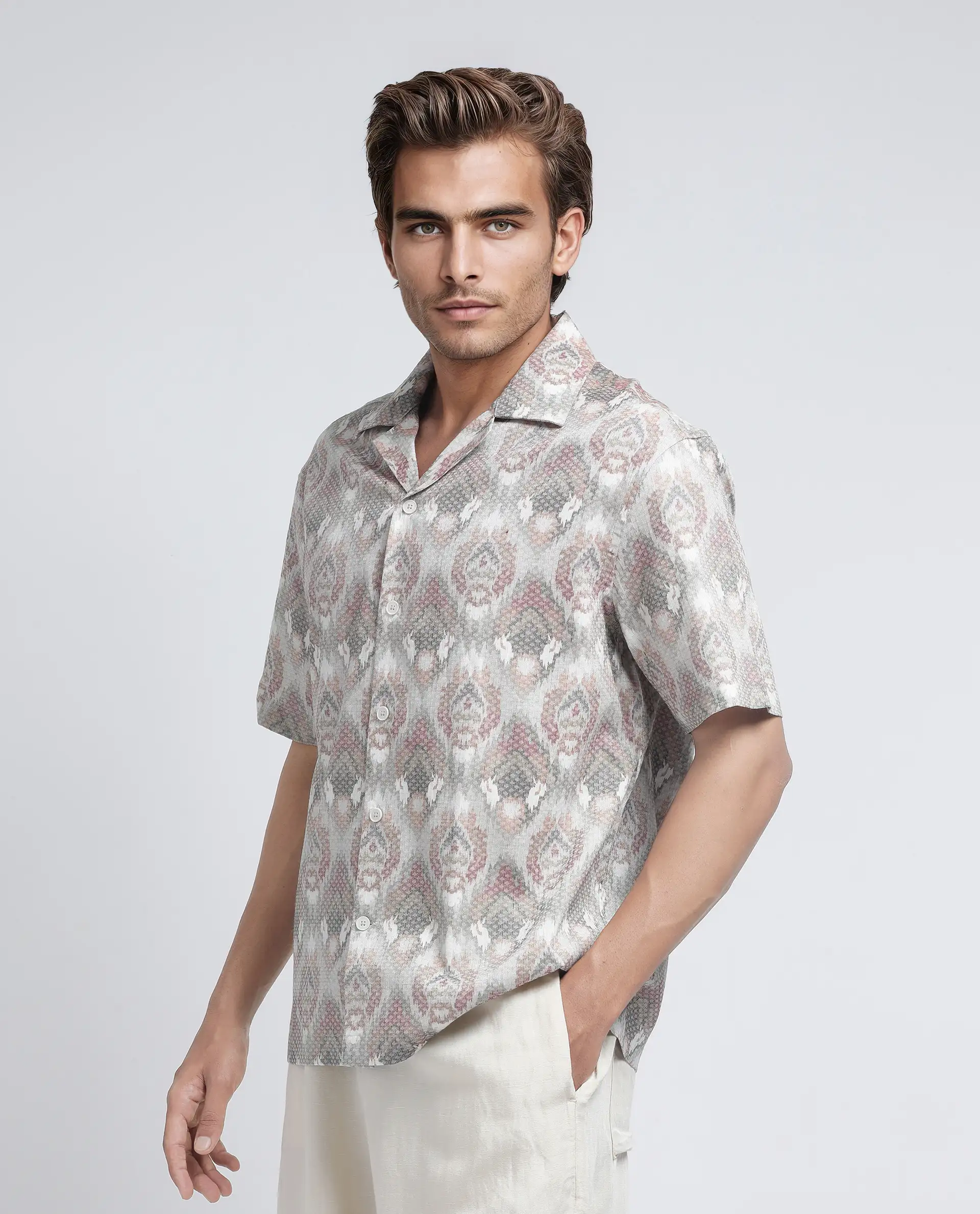 Rare Rabbit Men's Grit Beige Cotton Abstract Print Relaxed Fit Half Sleeve Cuban Collar Shirt - Image 6